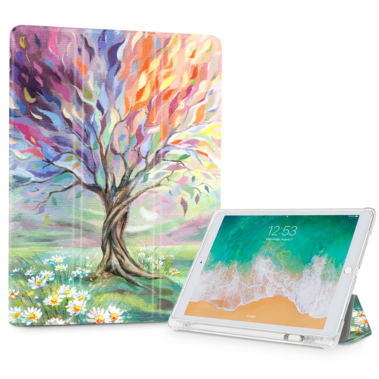 CutebriCase iPad 9th/8th/7th Generation Case 2021/2020/2019 - Lightweight Slim Tri-fold Protective Cover with Pencil Holder for iPad 10.2 Inch, Auto Wake/Sleep & Multi-Angle Stand - Perfect for Work, School, and Travel | Seasons Painting Tree Design