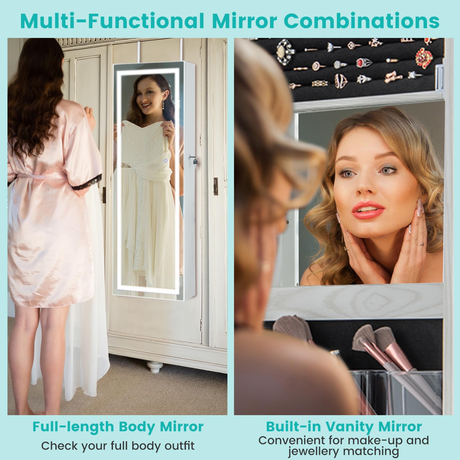 CHARMAID LED Mirror Jewelry Cabinet - 47.2 Inch Adjustable Lighted Full Length Mirror, Wall Mount or Door Mount Jewelry Armoire with Lock, Jewelry Organizer Storage for Bedroom, Closet & Dressing Room (Grayish White, 47.2 Inches Height)