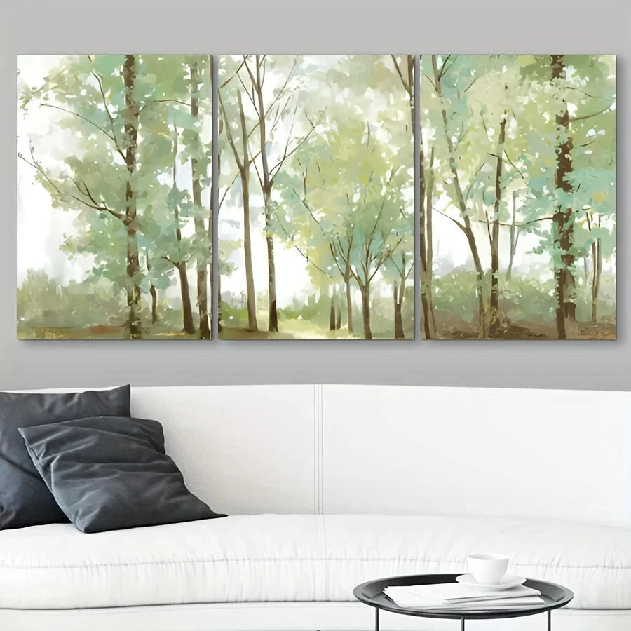 3Pcs Abstract Big & Tall Green Trees Oil Painting Metal Print Wall Art - Ready to Hang, Nature Inspired Home Decor for Living Room, Bedroom & Office
