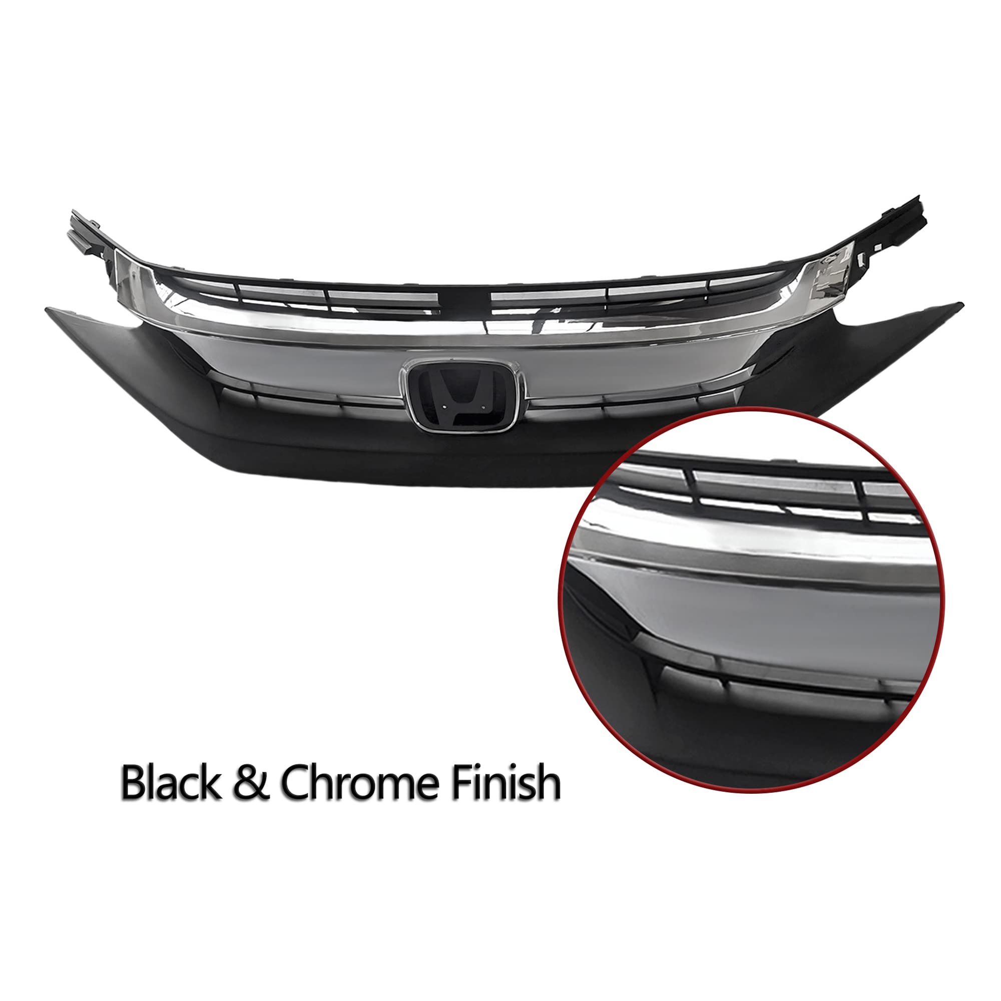 PartsFlow Front Bumper Grille Black With Chrome Trim for 2016-2018 Honda Civic Sedan/Coupe (Model HO1213117) - Perfect Fit Replacement & Style Upgrade for Daily Driving & Car Shows
