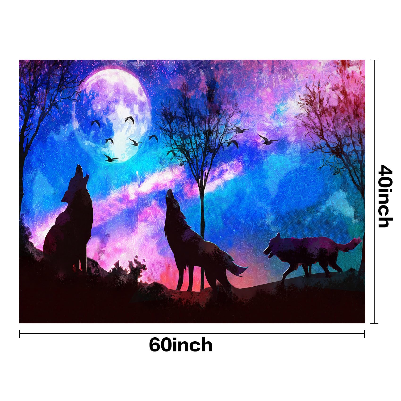 HVEST Wolf Tapestry Purple Blue Psychedelic Starry Sky Moon Mountains Wall Hanging Blanket for Bedroom Living Room Teen Dorm Indie Decor Poster 60x40 Inches, Perfect for Home Office Meditation Space and Cozy Reading Nook