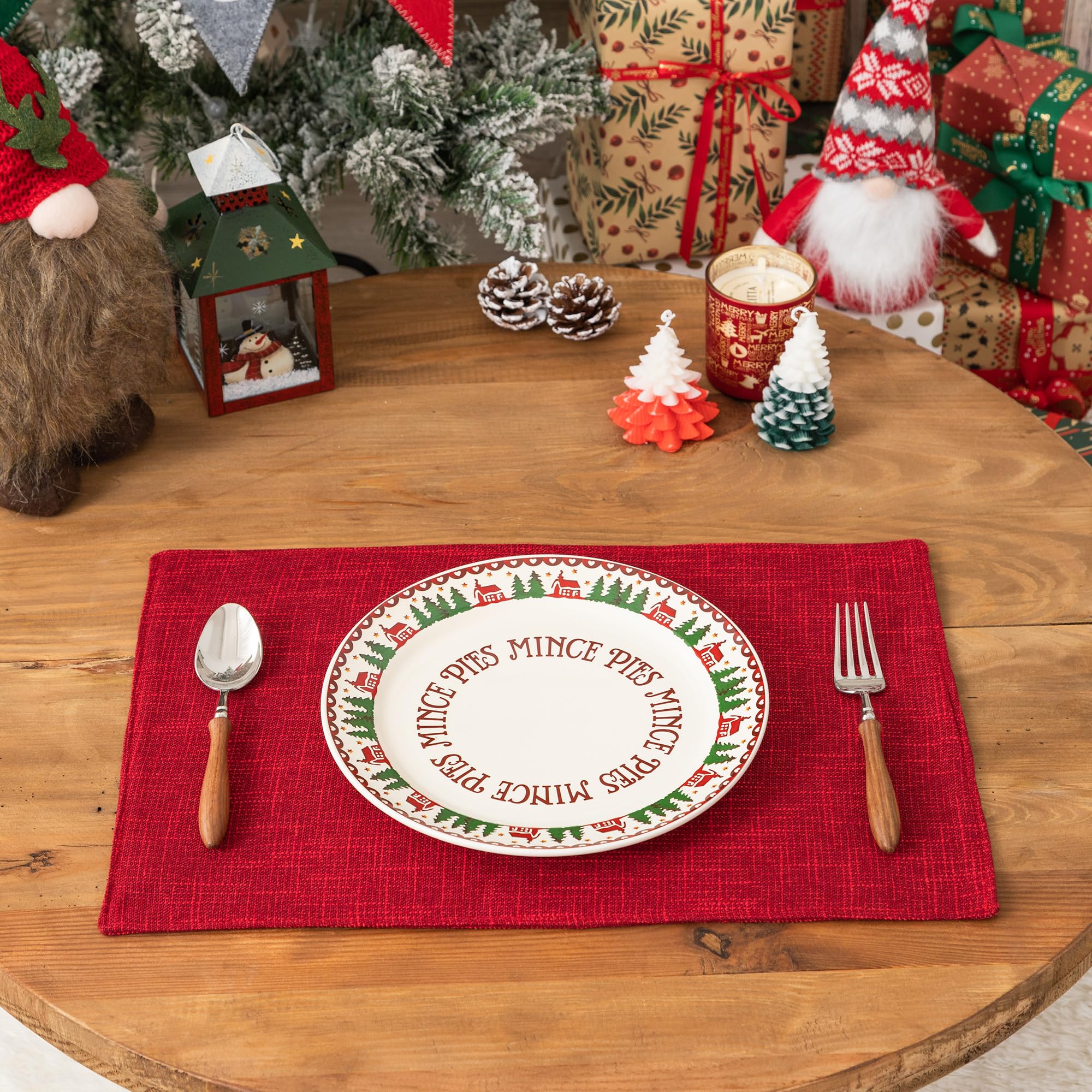 Kevin Textile 4-Piece Burlap Linen Placemats Set - Heat Resistant, Washable Dining Table Mats (13x19 Inches, Burgundy) for Valentine's Day, Kitchen & Holiday Decor