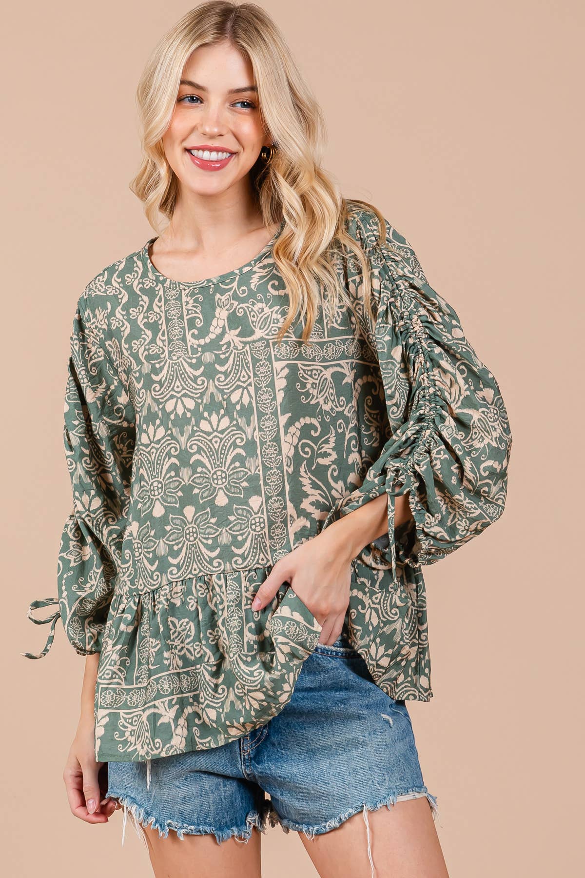 Boho Abstract Quarter Sleeve Top for Women - Sage Green Flowy Blouse in Sizes S M L XL - Perfect for Casual Outings, Music Festivals & Beach Vacations