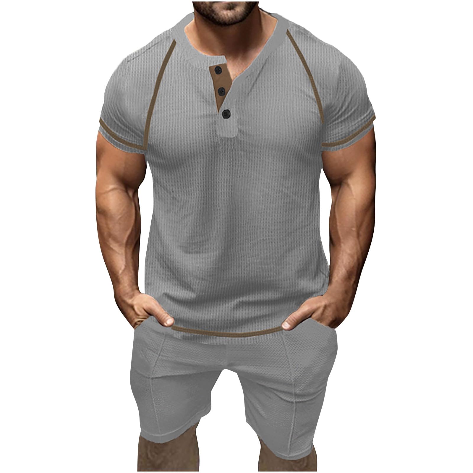 Men's Waffle Henley Shirt & Shorts Set - 2 Piece Summer Short Sleeve Tracksuit | Casual Sports Sweatsuit for Gym, Beach & Outdoor Activities