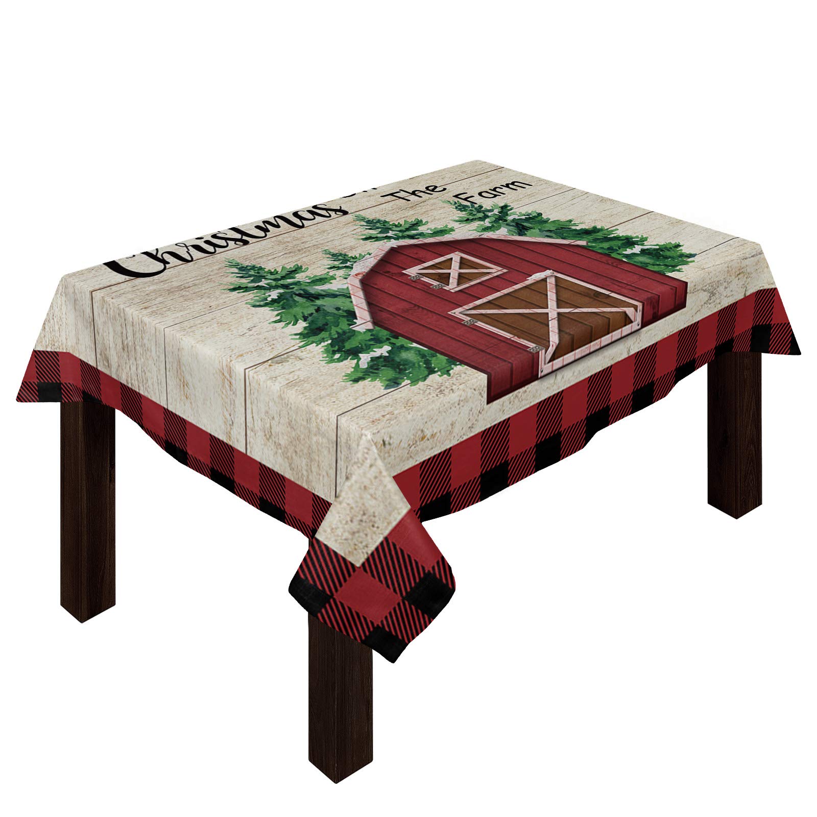 Findamy Christmas Rectangle Tablecloth 60x120 Inch - Waterproof Holiday Decoration Table Cover, Reusable & Wipeable for Indoor/Outdoor Use - Farmhouse Red Barn & Wood Grain Design - Perfect for Christmas Dinner, Party Decorations & Seasonal Home Decor