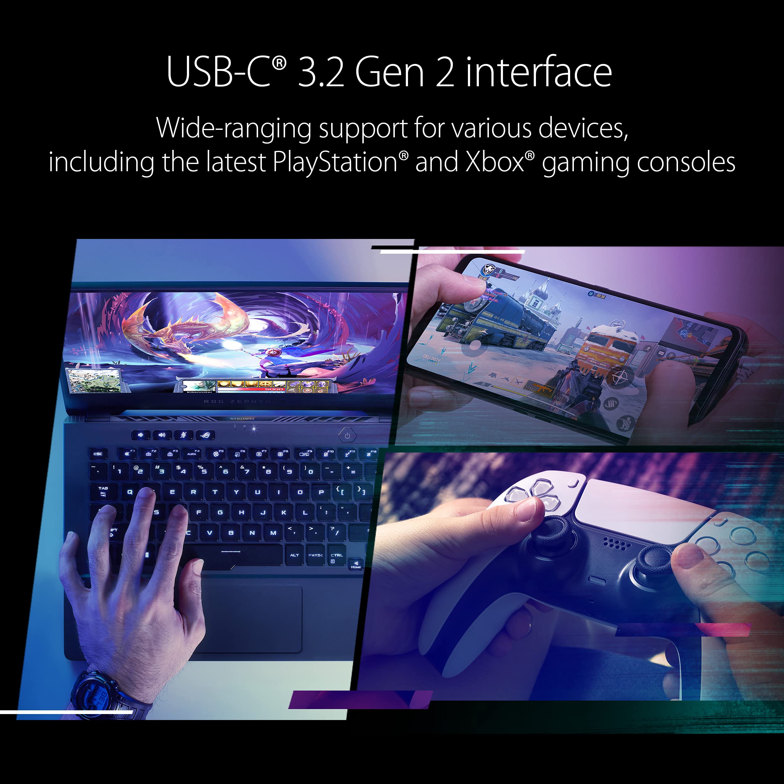 ROG Strix Arion S500 500GB Portable SSD - USB-C 3.2 Gen 2 External Solid State Drive with NVMe, 1050MB/s Read Speed, 256-bit AES Encryption, Aura Sync RGB Lighting | Perfect for Gaming, Video Editing & Data Backup