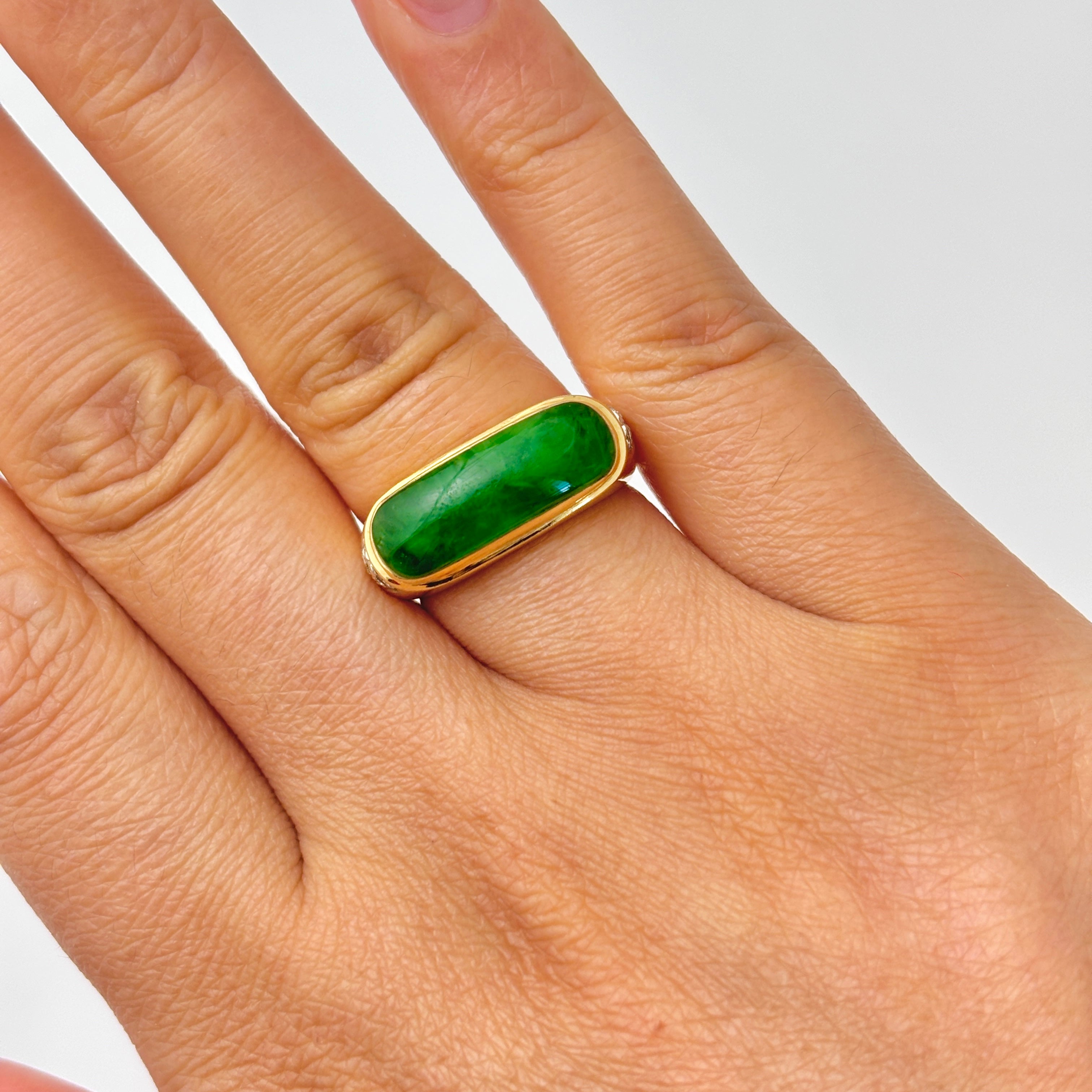 18K Yellow Gold Jadeite & Diamond Ring - 3.80ct Natural Jade with 0.06ctw Diamonds | Size 9.5 | Elegant Jewelry for Weddings, Anniversaries & Special Occasions
