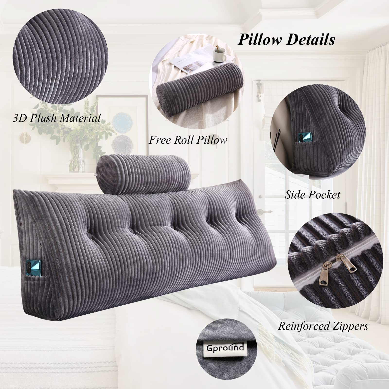 Wedge Headboard Pillows & Bolster Pillow Set - Queen Size 59x8x20 Inches - Bed Wedge Pillow for Headboard Support, Reading in Bed, Backrest & Sitting Comfort - Perfect for Relaxing, Watching TV & Post-Surgery Recovery