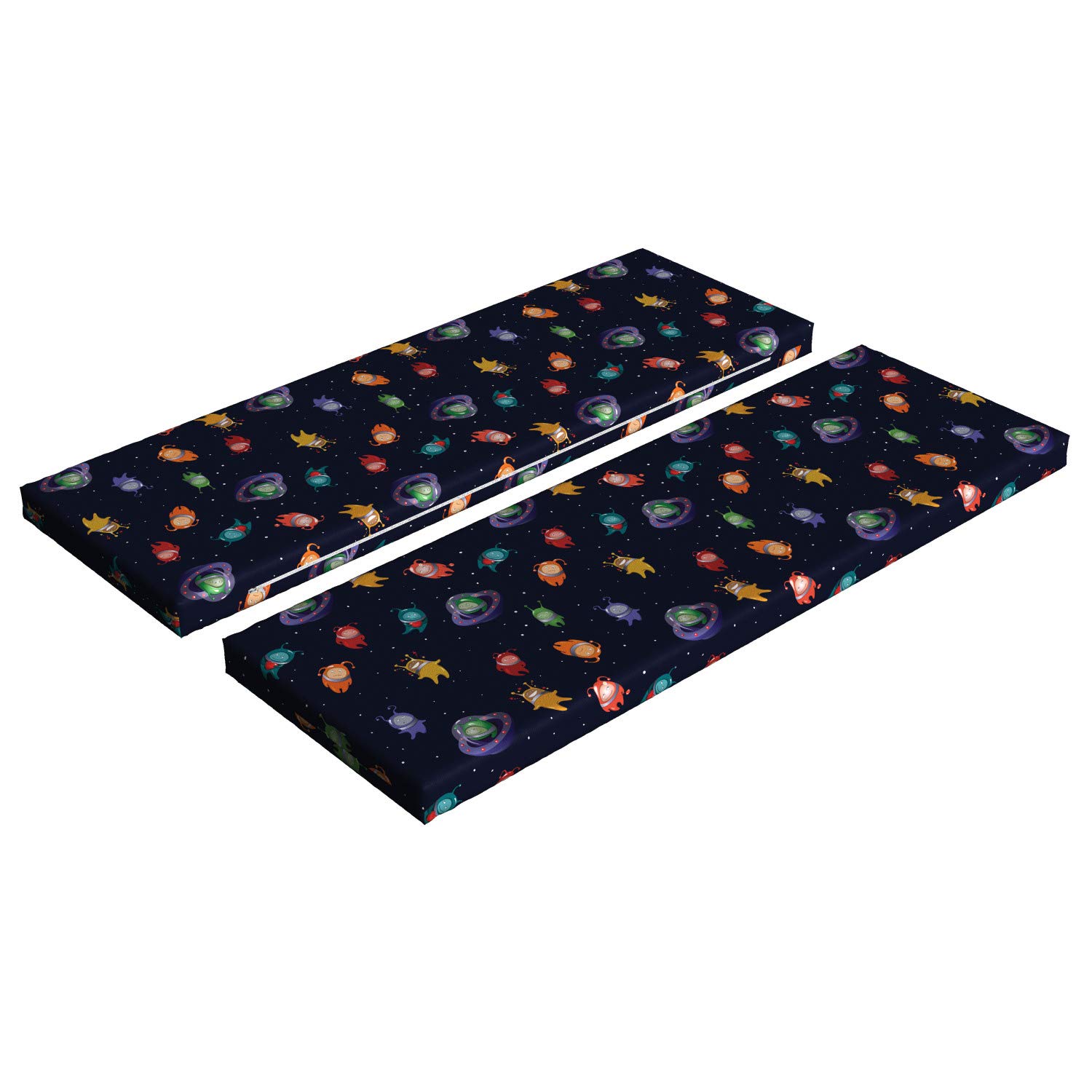 Ambesonne 2-Piece Space-Themed Bench Cushion Set - Alien Expressions & Dotted Spacecraft Design, 45