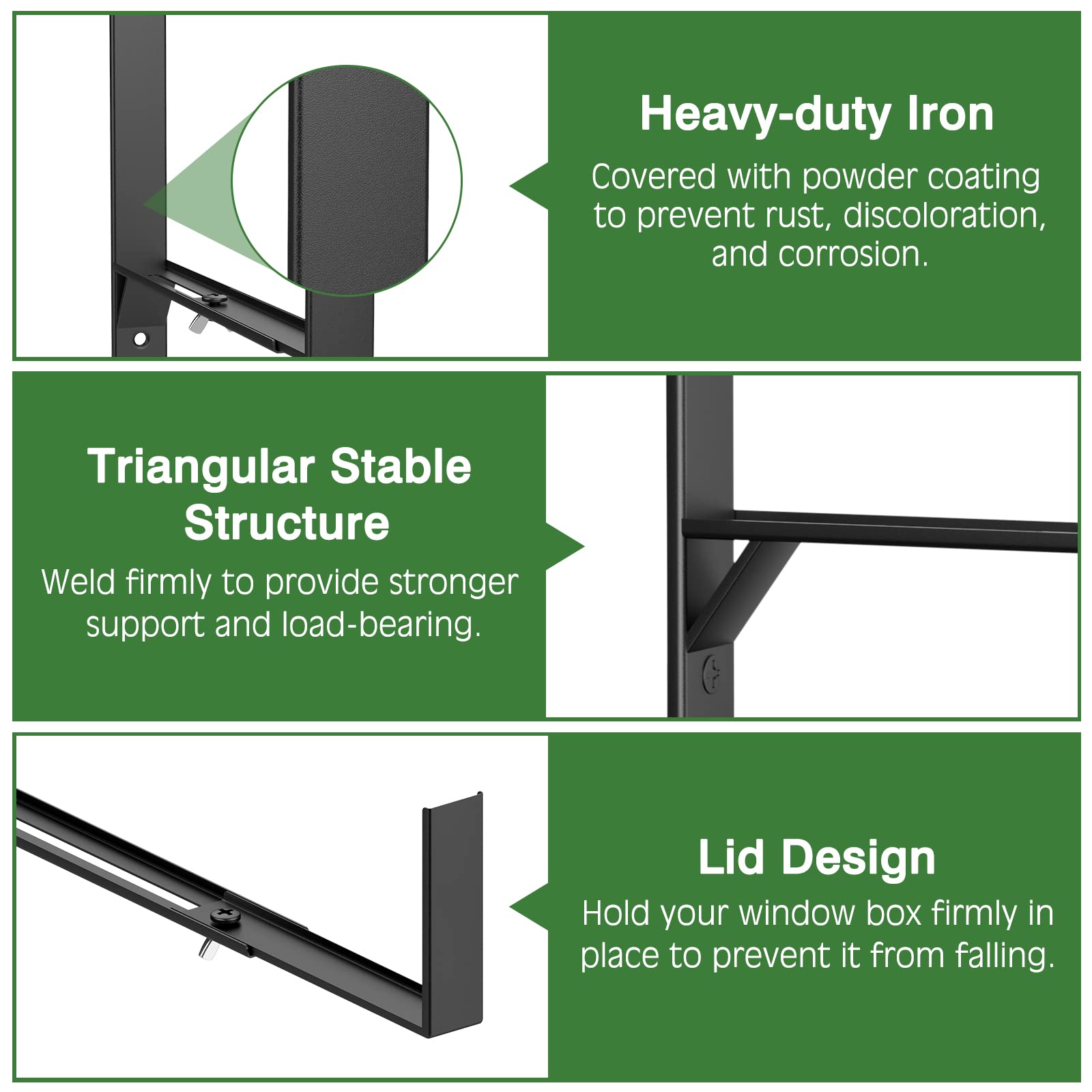 6-Pack Adjustable Planter Box Brackets (6.2-12.6 Inch) - Heavy Duty Wall Mount Flower Pot Holder for Window Boxes, Balcony, Fence & Patio - Black Metal Garden Shelf Brackets for Outdoor & Indoor Plant Displays