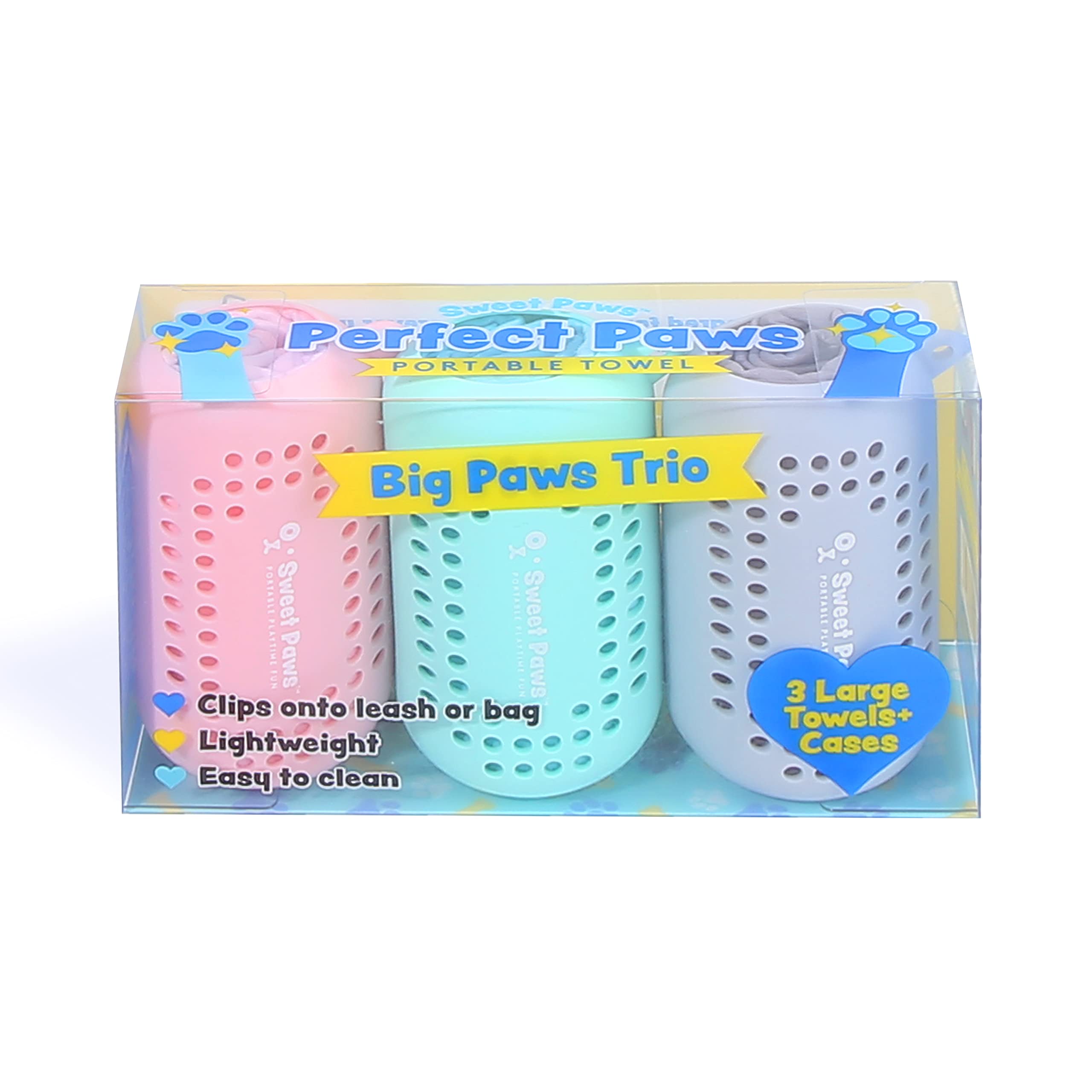 Sweet Paws Portable Dog Paw Towel - Lightweight Super Absorbent Microfiber Dog Paw Cleaner with Leash Clip & Silicone Case - Quick Drying Dog Towel for Wet & Dirty Paws - 3-Piece Large Set for On-the-Go Pet Care - Perfect for Walks, Hikes & Outdoor Adventures