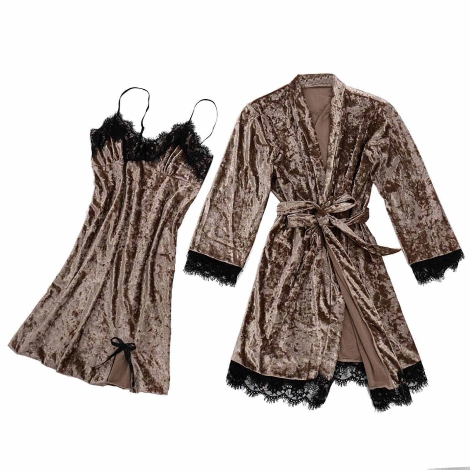 Sexy Women's Lace Trim Sleepwear Set - 2PC Velvet Cami Dress & Long Sleeve Robe Nightgown for Women | Comfortable Loungewear for Home, Valentine's Gift for Her, Romantic Nightwear