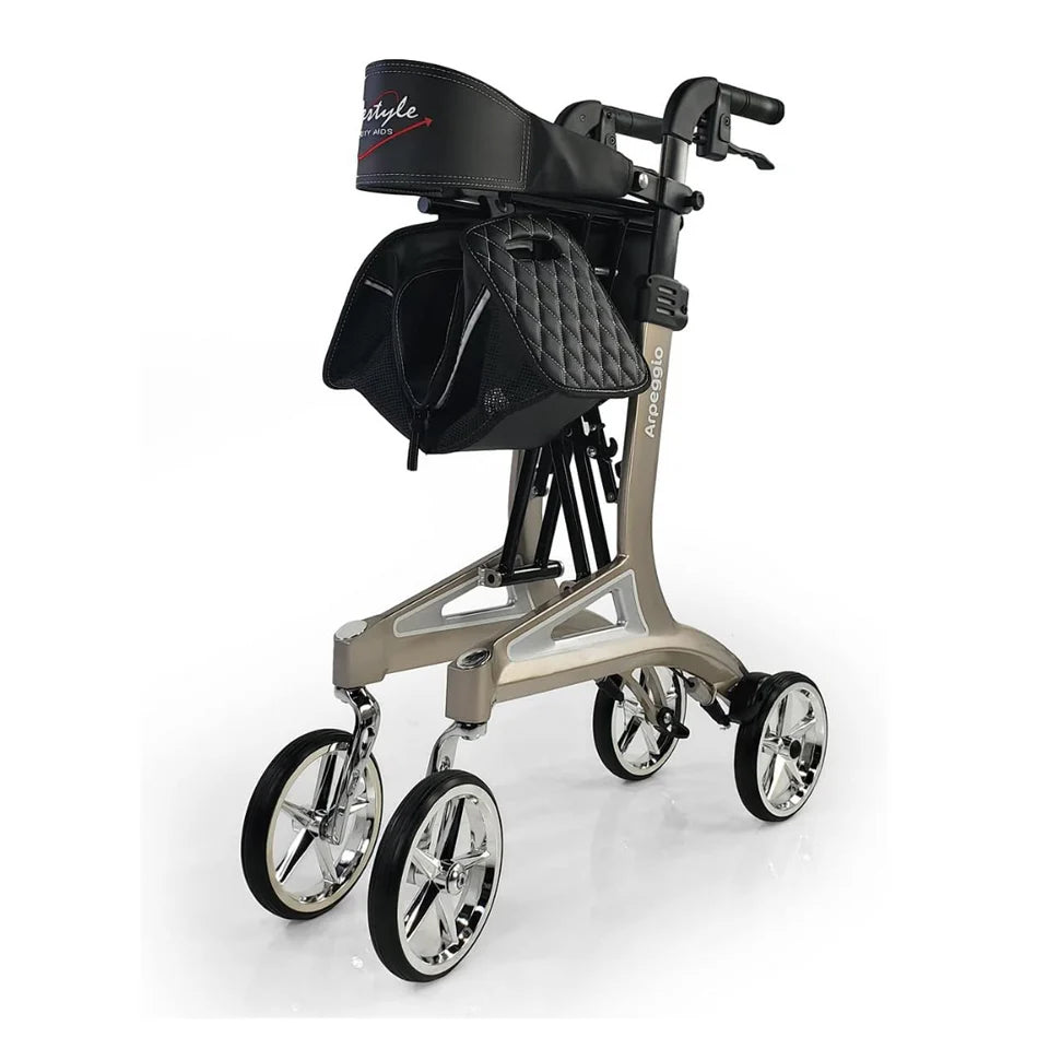 Arpreggio Rollator Walker with Seat - Champagne Gold Mobility Aid for Seniors & Adults - Lightweight Foldable Rollator for Indoor & Outdoor Use