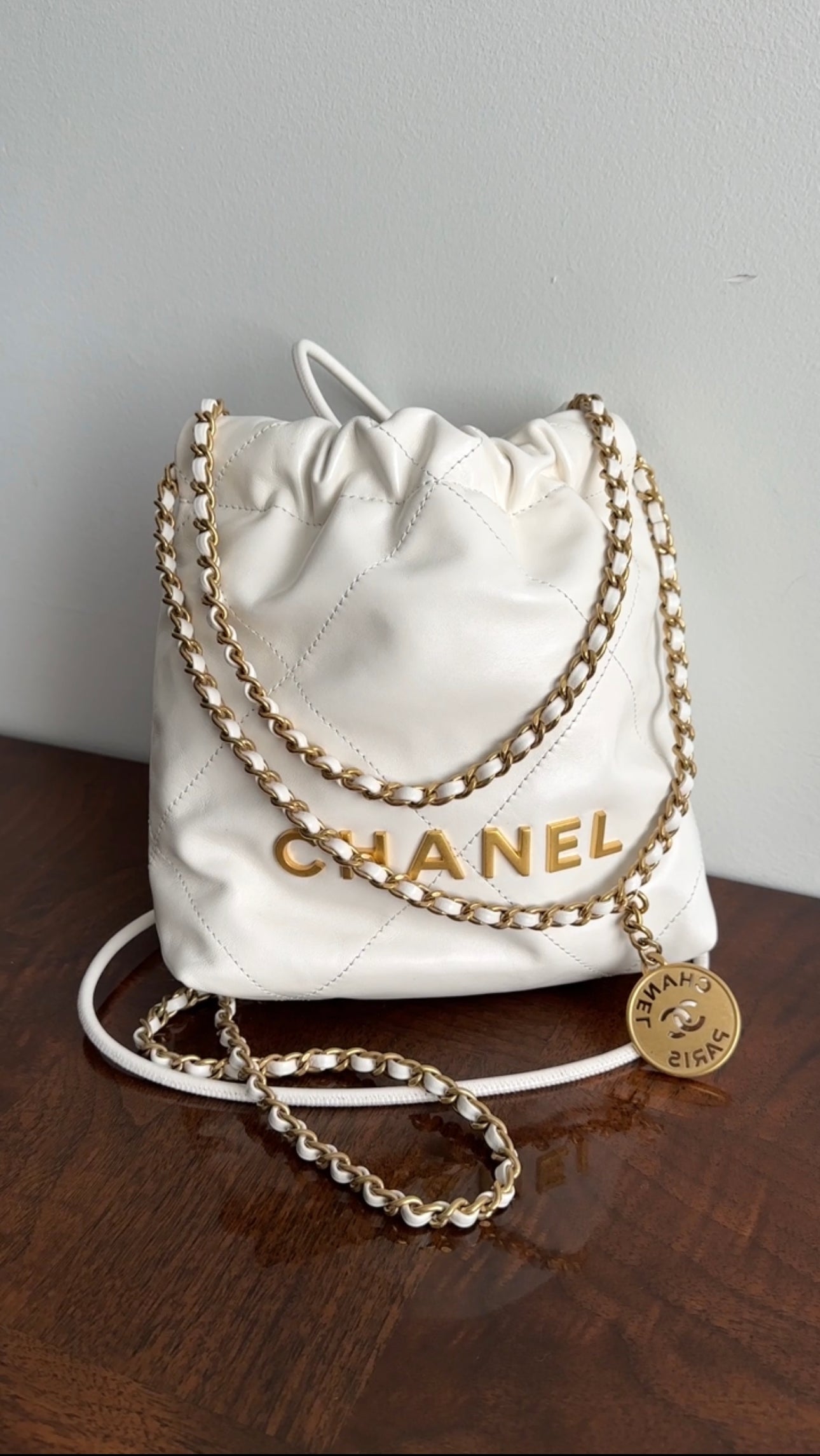 Chanel 22 Mini Chain Bag in White Glossed Leather with Signature Logo - Perfect for Evening Events, Date Nights & Luxury Fashion Accessories