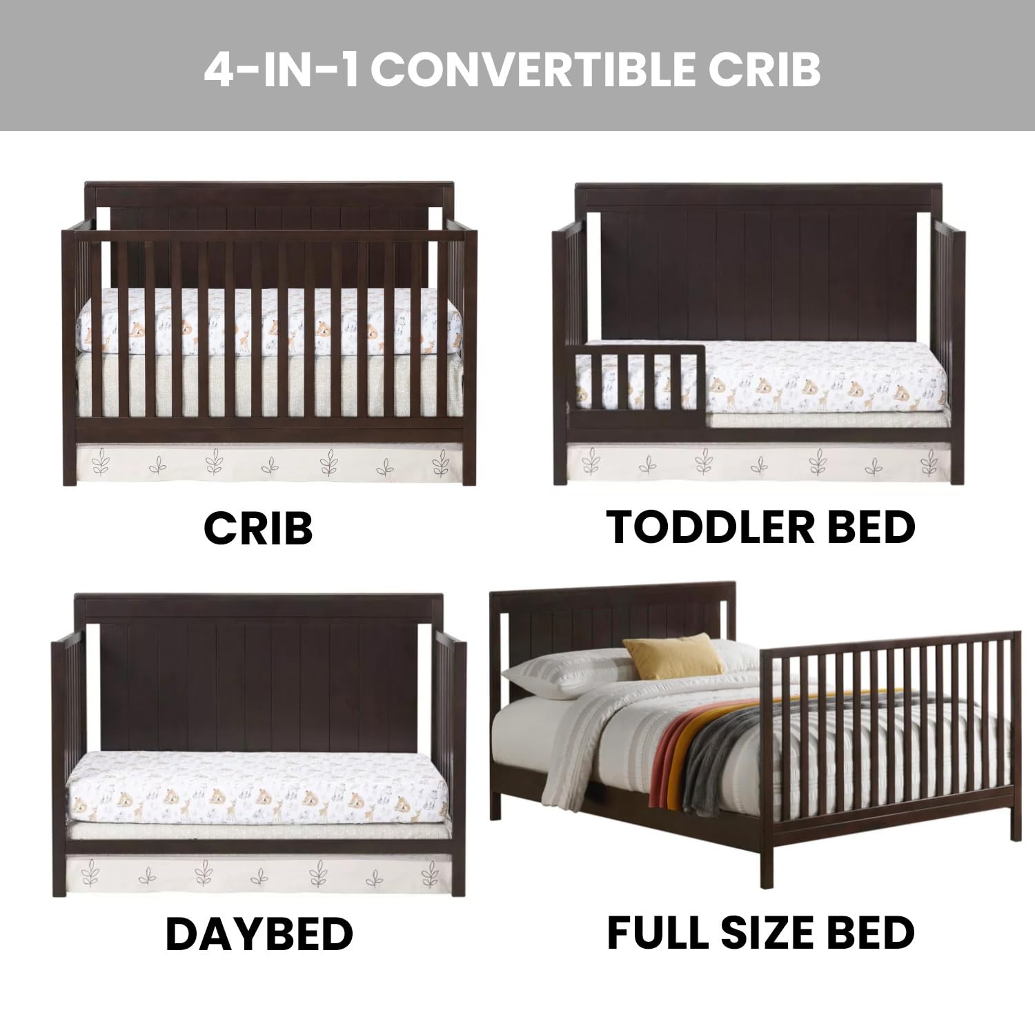 Oxford Baby Lazio 4-in-1 Convertible Baby Crib - Espresso Brown - GreenGuard Gold Certified - Safe Nursery Crib for Newborns to Toddlers - Perfect for Nursery, Bedroom & Daycare