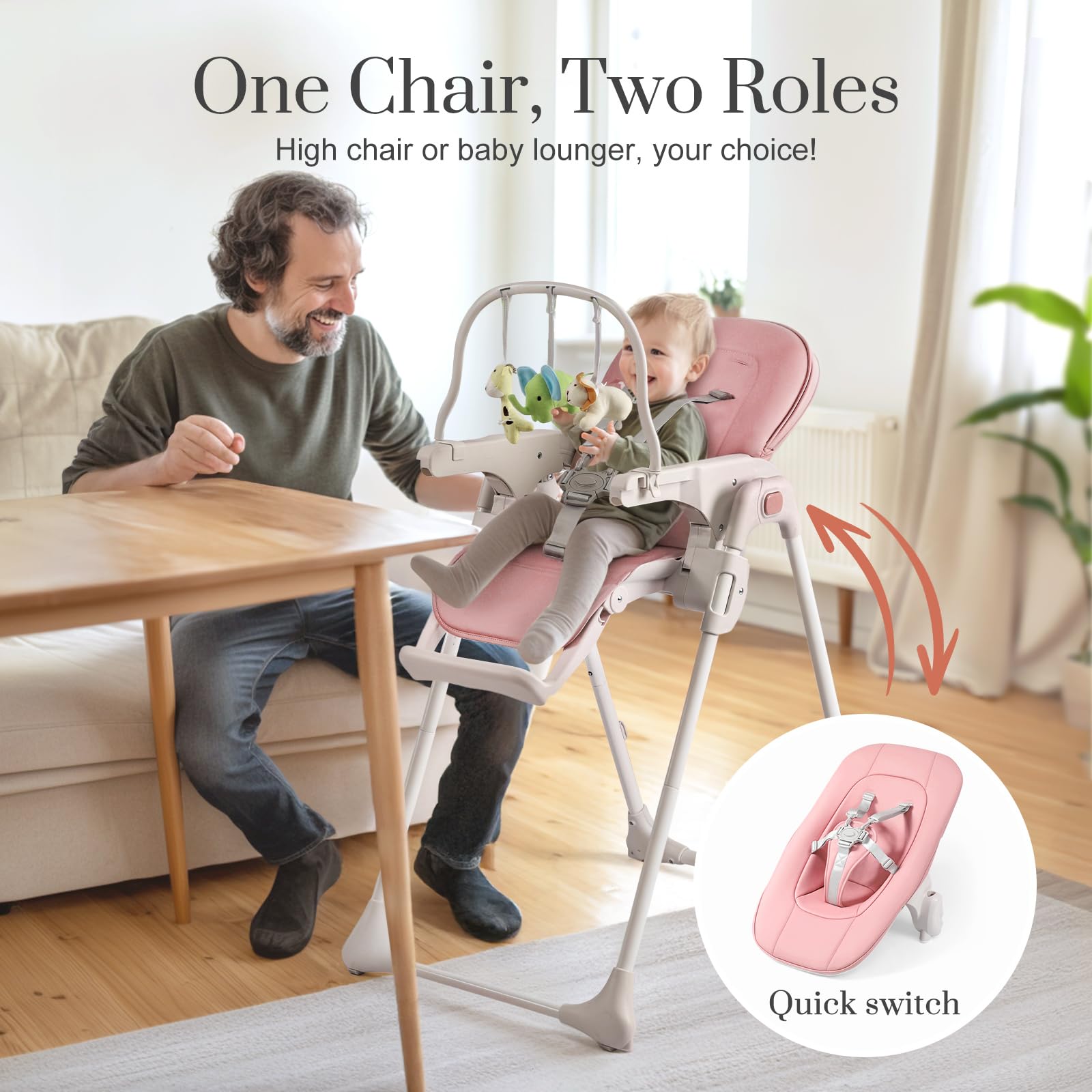 3-in-1 Convertible Baby High Chair with 6 Height & 3 Recline Adjustments - Foldable Toddler Feeding Chair with Removable Tray, 3 Detachable Toys & Built-in Wheels - Perfect for Dining, Weaning & Playtime at Home