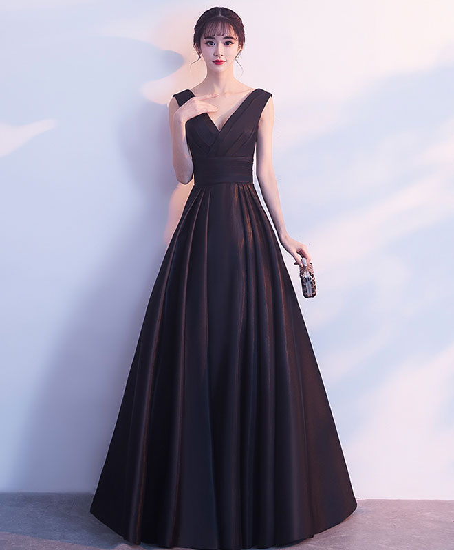 Elegant Black V-Neck Satin Long Prom Dress - Formal Evening Gown for Bridesmaids, Homecoming & Special Occasions