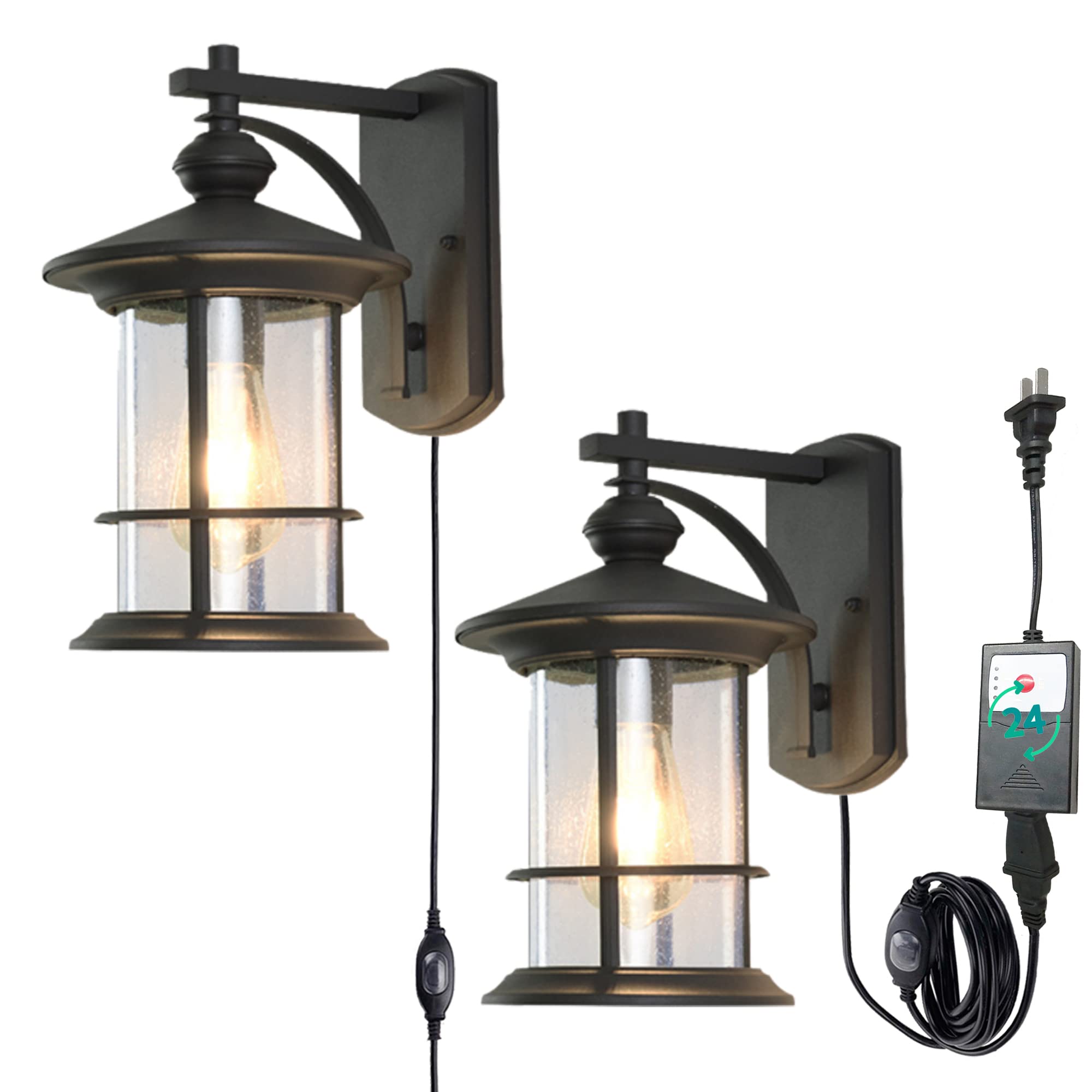 Automatic Timer Wall Mounted Plug-in Outdoor & Indoor Light Fixture - Waterproof UL Listed with AI & Bubble Glass Lampshade for Porch, Backyard, Lounge - Vintage Design | Perfect for Coffee Shops, Patios, and Evening Ambiance