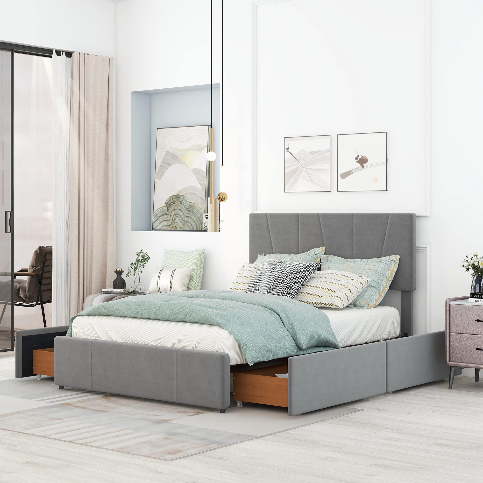 JULYFOX Full Size Velvet Upholstered Bed Frame with Tufted Headboard & 4 Storage Drawers - Heavy Duty 500 lbs Capacity, No Box Spring Needed (Gray) - Perfect for Small Bedrooms, Guest Rooms & Modern Apartments