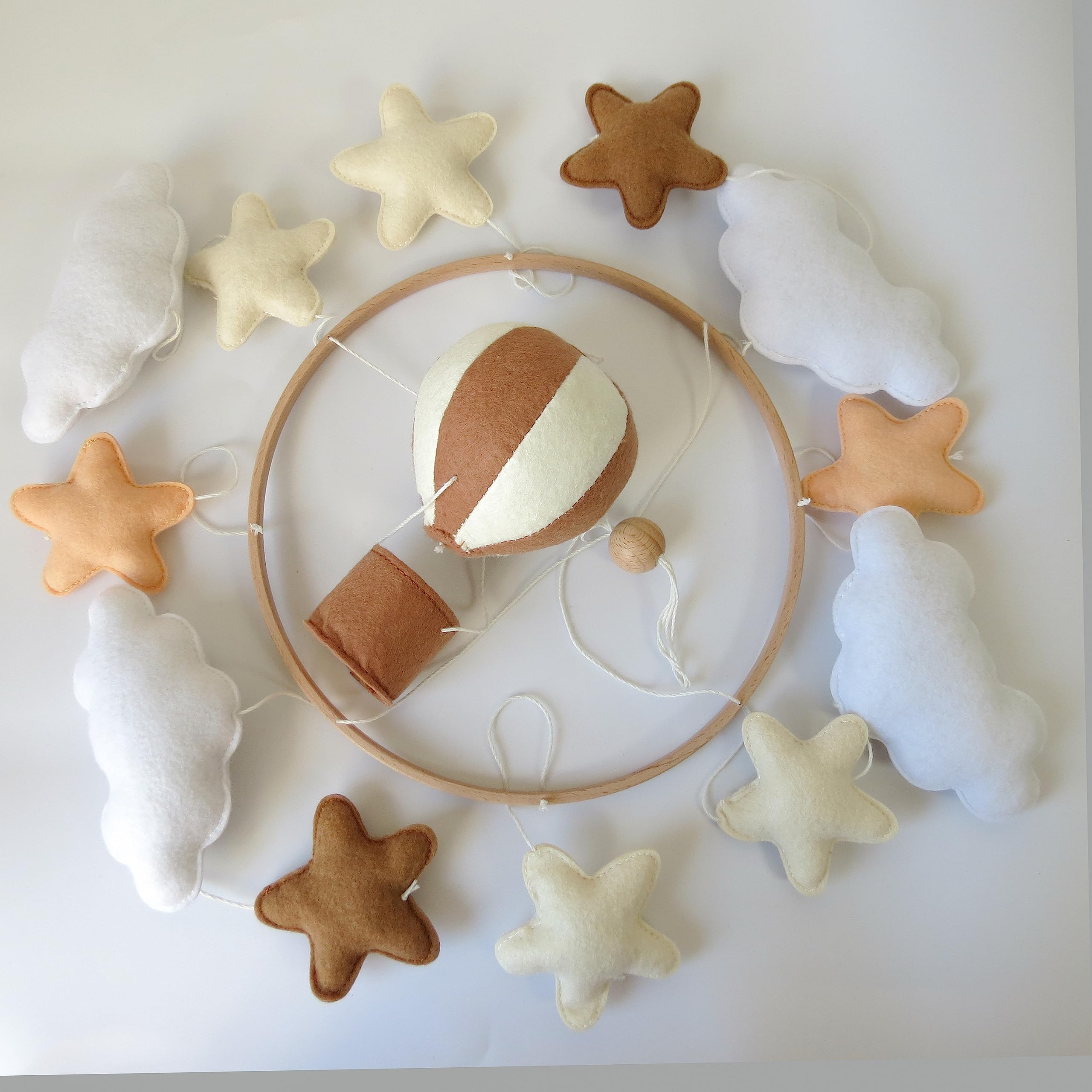 **Goukurlsma Neutral Hot Air Balloon Baby Mobile for Crib - Stars & Clouds Design, Beige Felt & Bamboo, Crib Mount, Unisex Newborn & Infant Nursery Decor - Perfect for Soothing & Entertaining Babies**