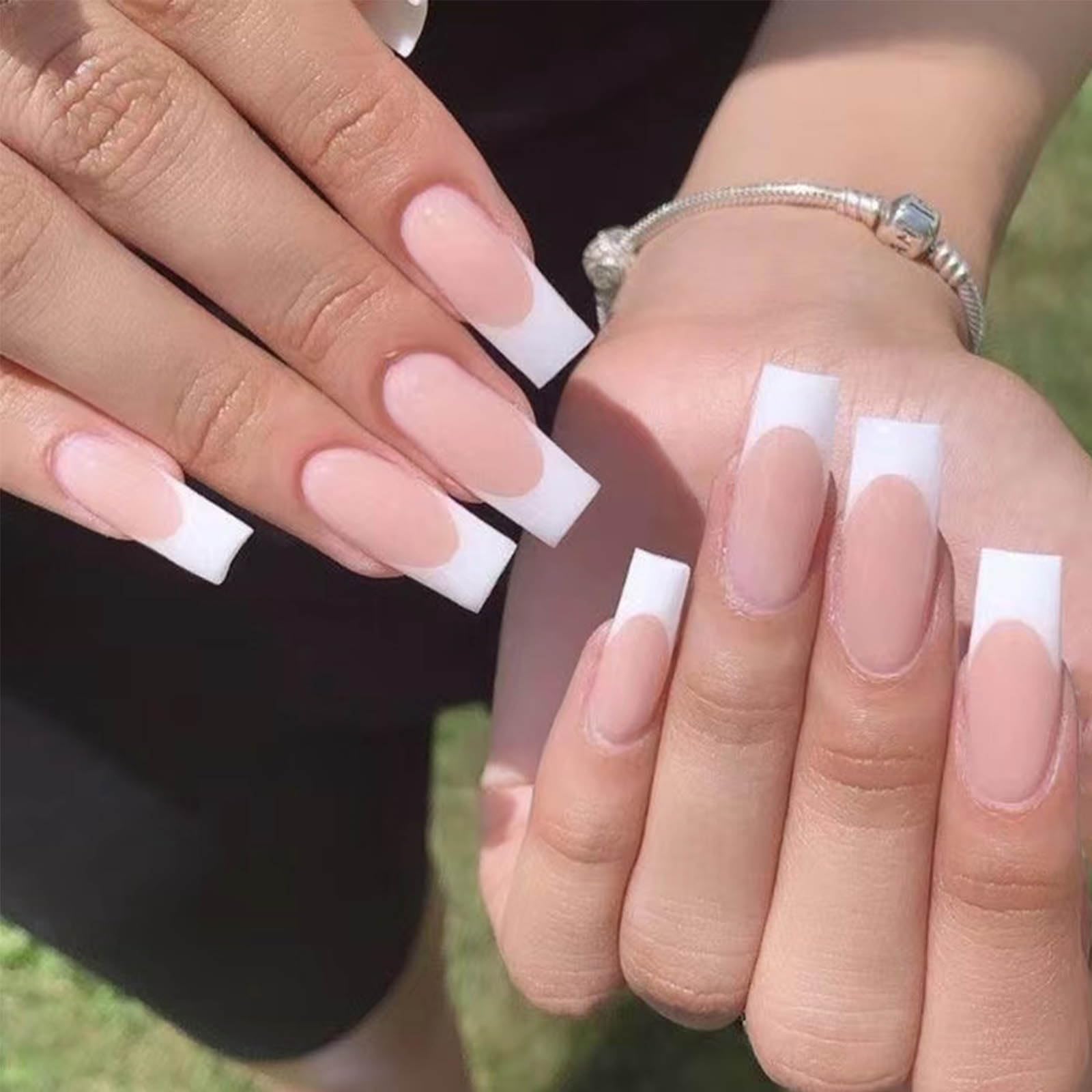 24PCS Square Fake French Nails - Long Acrylic Full Cover False Nails for Women & Girls (Color 4) - Perfect for Parties, Weddings, and Special Occasions