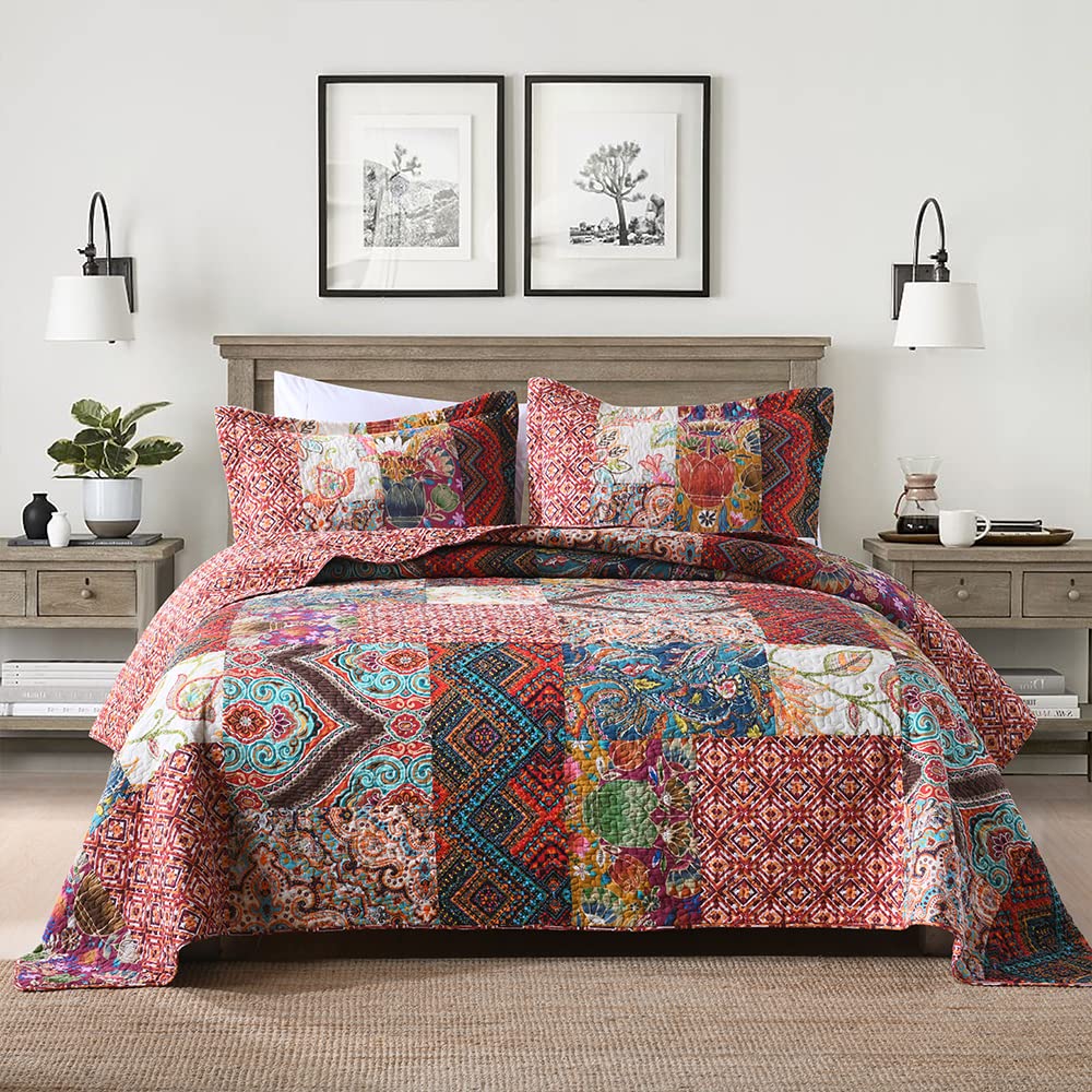 Autumn Dream Cotton Patchwork Quilt Set - Reversible Vintage Floral Bedspread Coverlet, Red Elegant Design, Queen Size - Perfect for Cozy Fall Bedrooms & Farmhouse Decor
