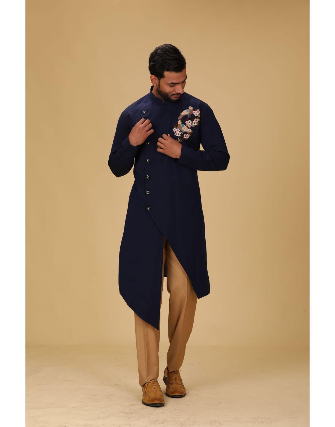 Stylish Navy Blue Thread Embroidery Asymmetrical Designer Sherwani Pant Set for Men - Perfect for Weddings, Festivals & Special Occasions