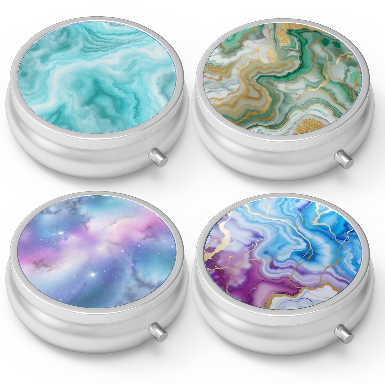 3-Compartment Portable Pill Organizer Box - Metal Medicine & Vitamin Case for Pocket or Purse - Decorative Travel Pill Box Set (4 Pack) - Perfect for Daily Medication, Travel, and Unique Gifts
