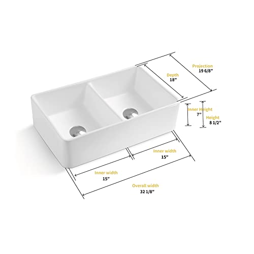 Trieste 32-Inch White Ceramic Double Bowl Farmhouse Apron Kitchen Sink - Perfect for Rustic & Modern Kitchens, Dishwashing & Food Prep