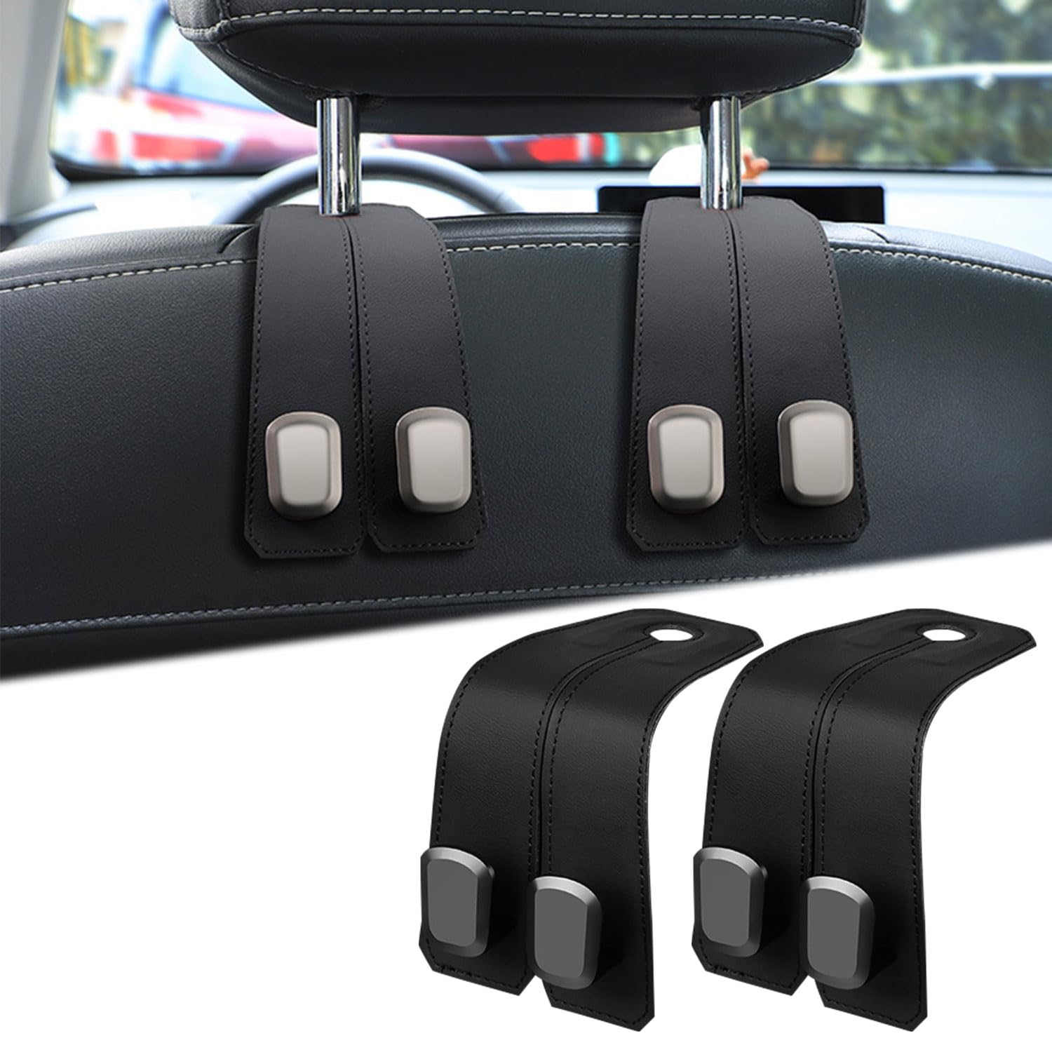 Elegananccy 2 Pack Premium Leather Car Seat Headrest Hooks - Heavy Duty Purse Hanger & Bag Holder for Women - Car Organizer Accessories for Handbags, Groceries & Shopping Bags (Black) - Perfect for Road Trips, Commuting & Daily Errands