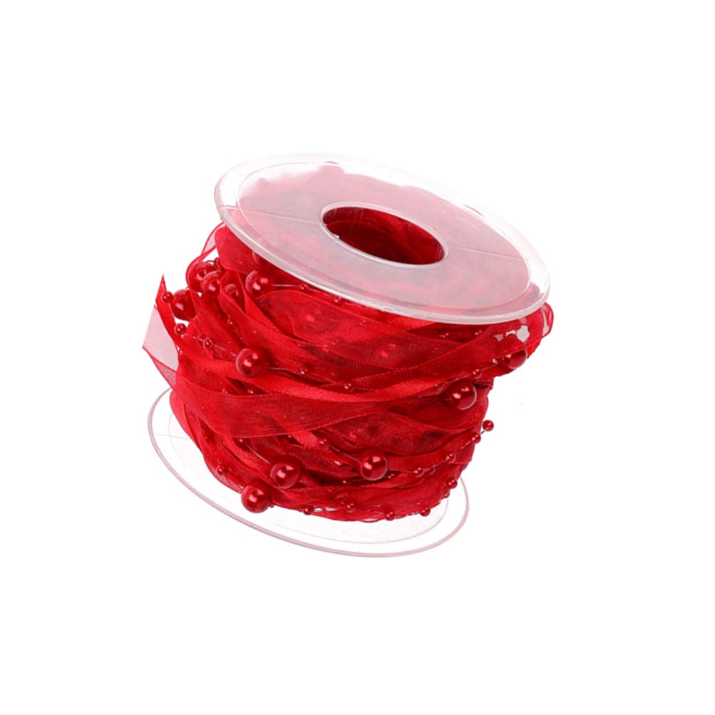 Elegant Red Chiffon Ribbon with Pearl Beads for Wedding Bouquets, Floral Decor, and Craft Garlands – Perfect for Bridal Party, DIY Crafts, and Home Decorations