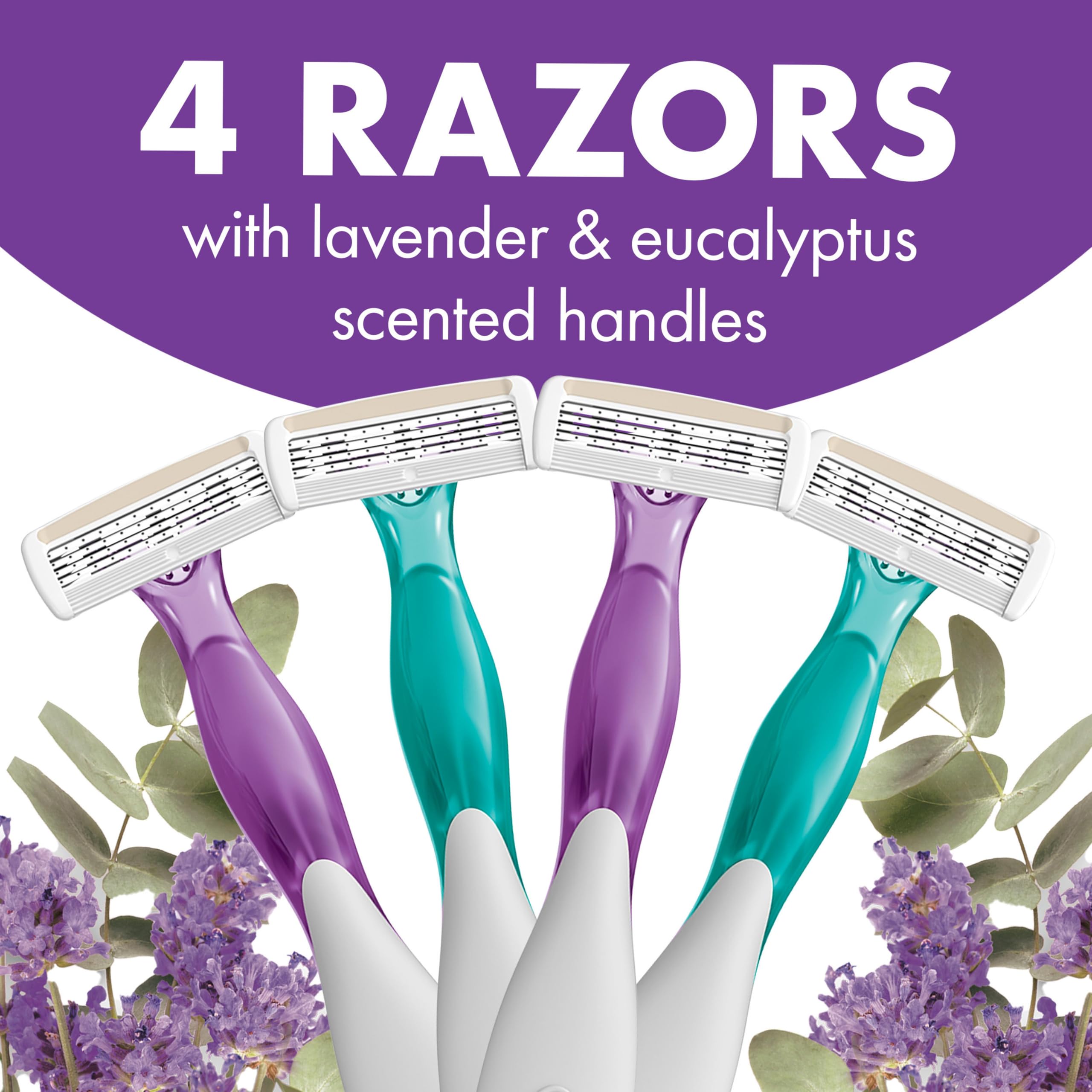 BIC Soleil Escape Women's Disposable 4-Blade Razors for Smooth Shaving - Lavender & Eucalyptus Scented Handles - 4-Pack - Perfect for Bikini Line, Legs & Underarms Shaving at Home or Travel
