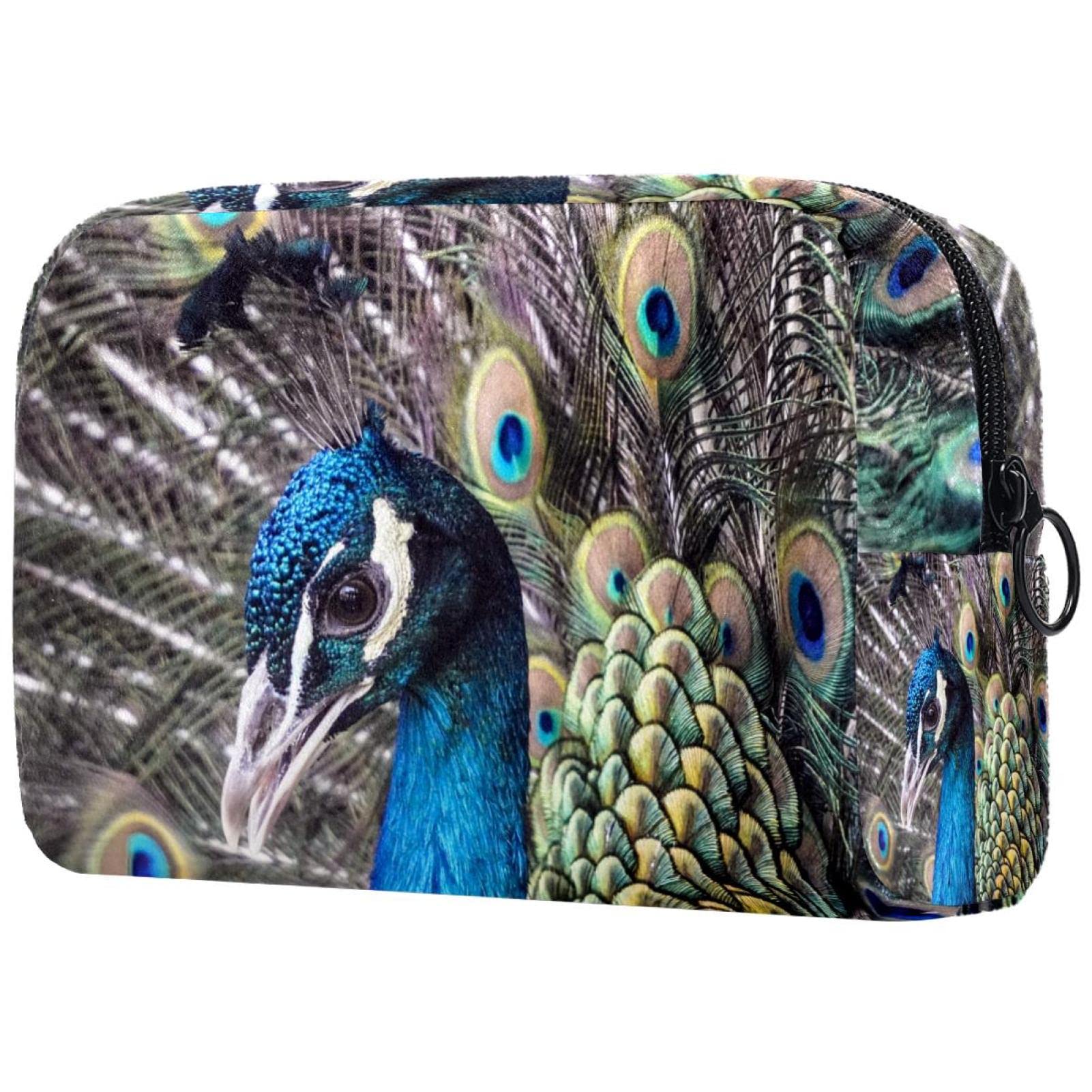 Large Cosmetic Bags for Women - Peacock Print Travel Makeup Case with Zipper, Portable Toiletry Organizer for Vacation, Gym, and Daily Use