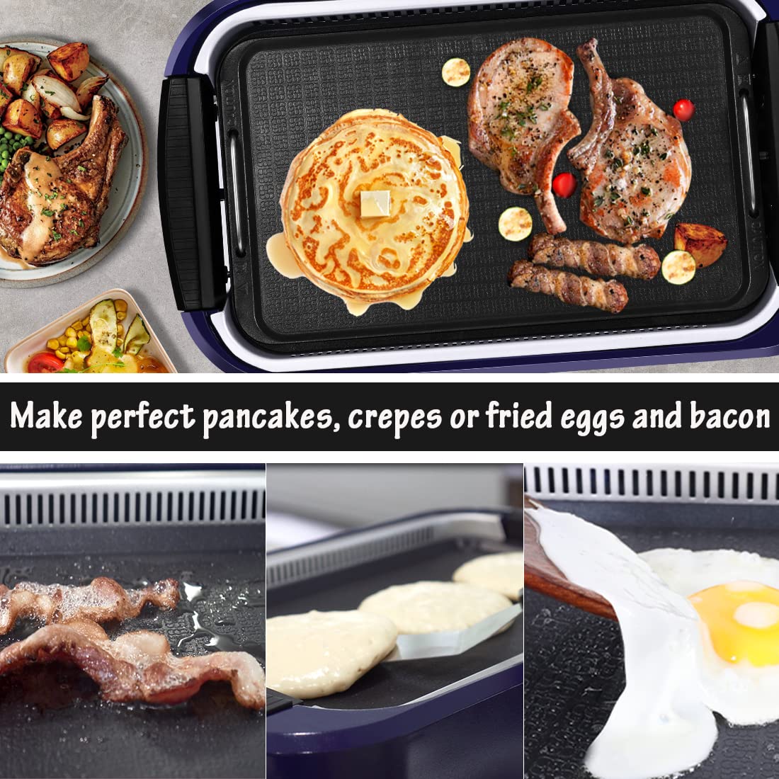 CUSIMAX 1500W Electric Smokeless Indoor Grill with Tempered Glass Lid - Nonstick Flat Top Griddle & Pancake Maker, Dishwasher Safe, Blue - Perfect for Healthy Cooking, Breakfast, Burgers & Family BBQs