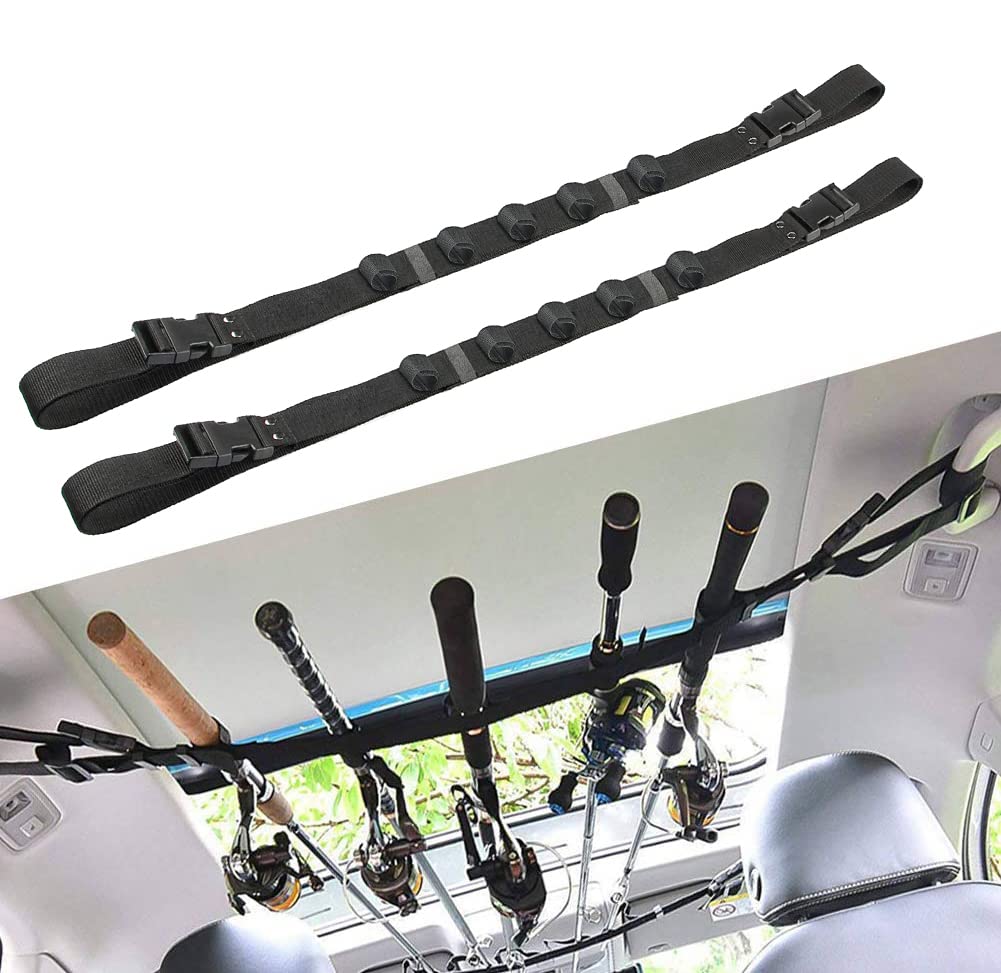Aventik 2 Pack Adjustable Car Fishing Rod Holder - Universal Fishing Pole Rack with 4 Handle Straps for SUV, Van, Truck (Black) | Perfect for Road Trips, Beach Fishing & Outdoor Adventures