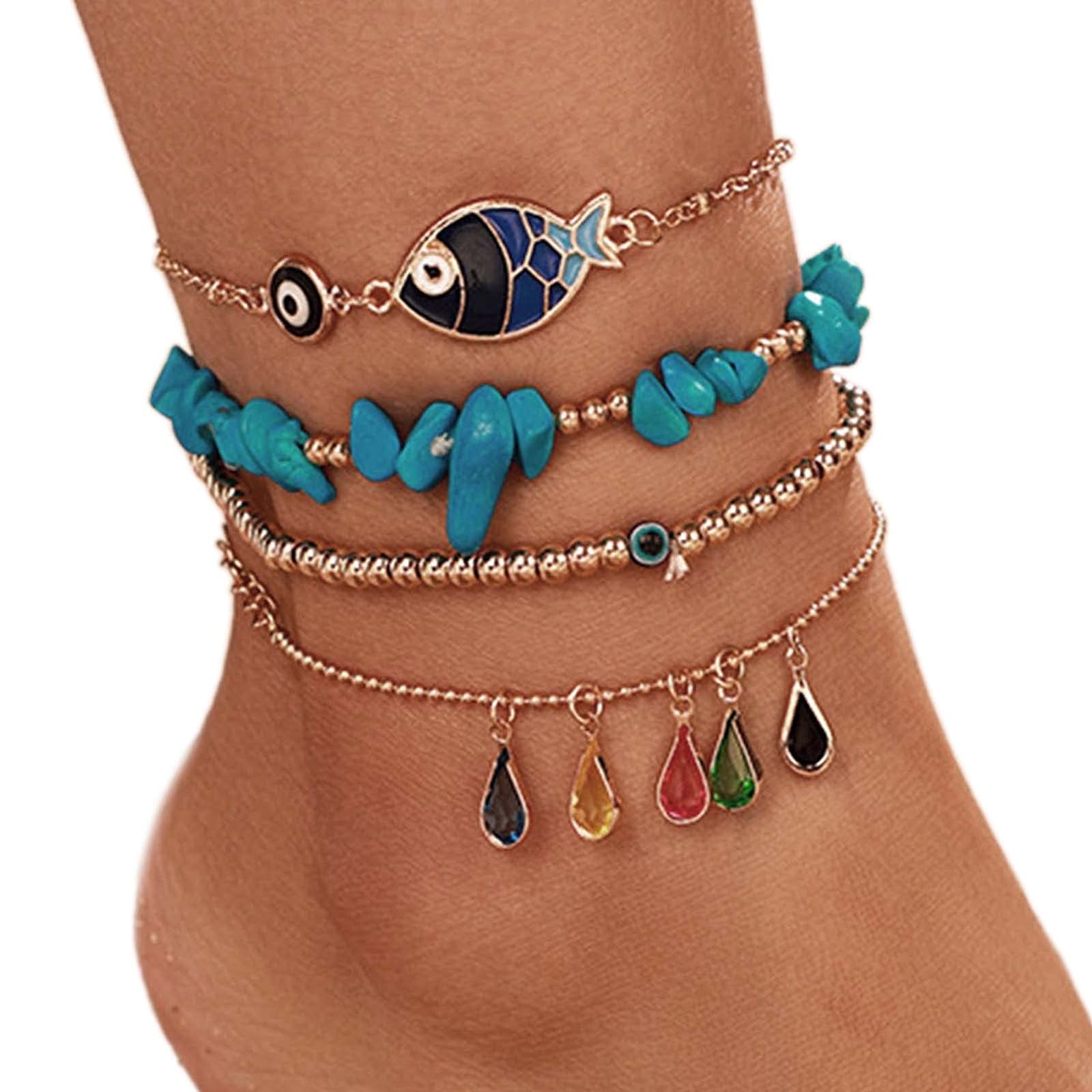 Kakaco Boho Beaded Anklet Bracelet - Turquoise Beaded Ankle Bracelet for Women & Girls, Layered Fish Foot Jewelry - Perfect for Beach, Festival & Summer Outfits