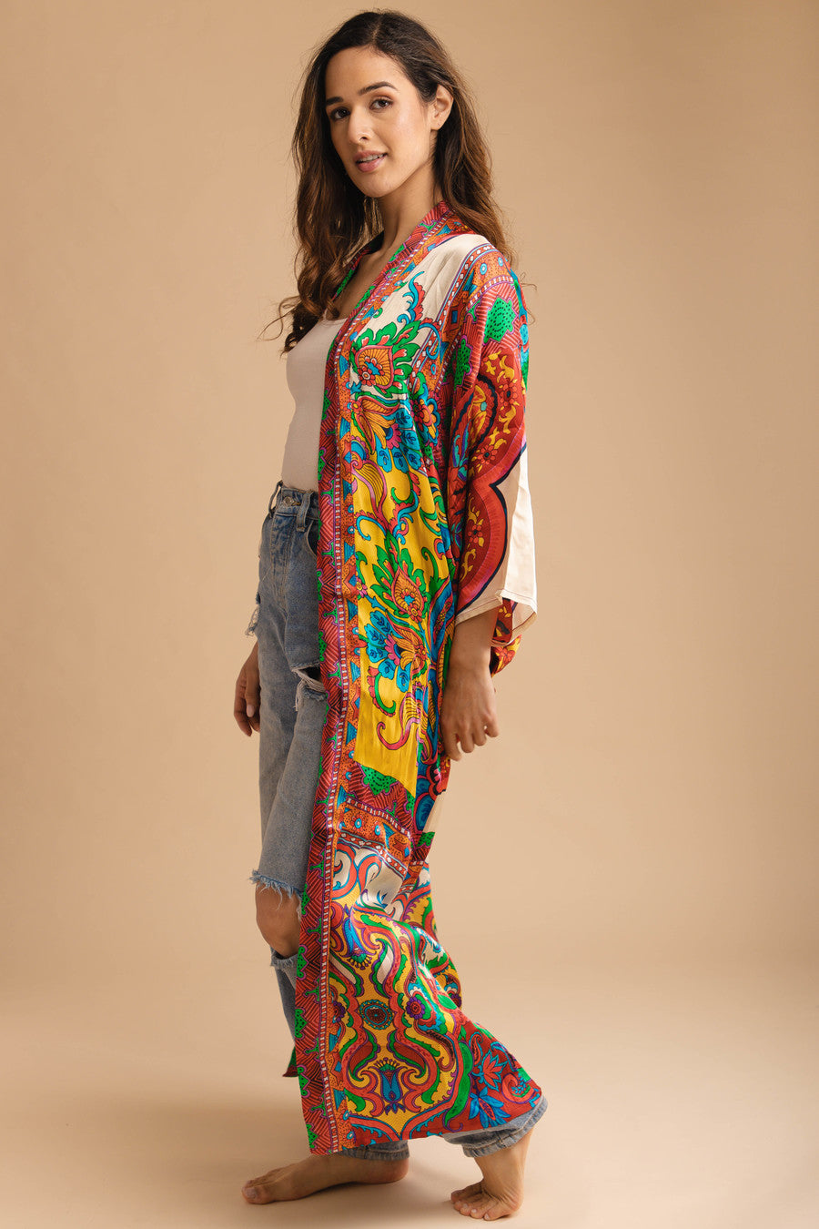 Bohemian Paisley Printed Kimono Robe - Floral Long Sleeve Cover Up for Women - Perfect for Beach, Pool, or Lounge Wear