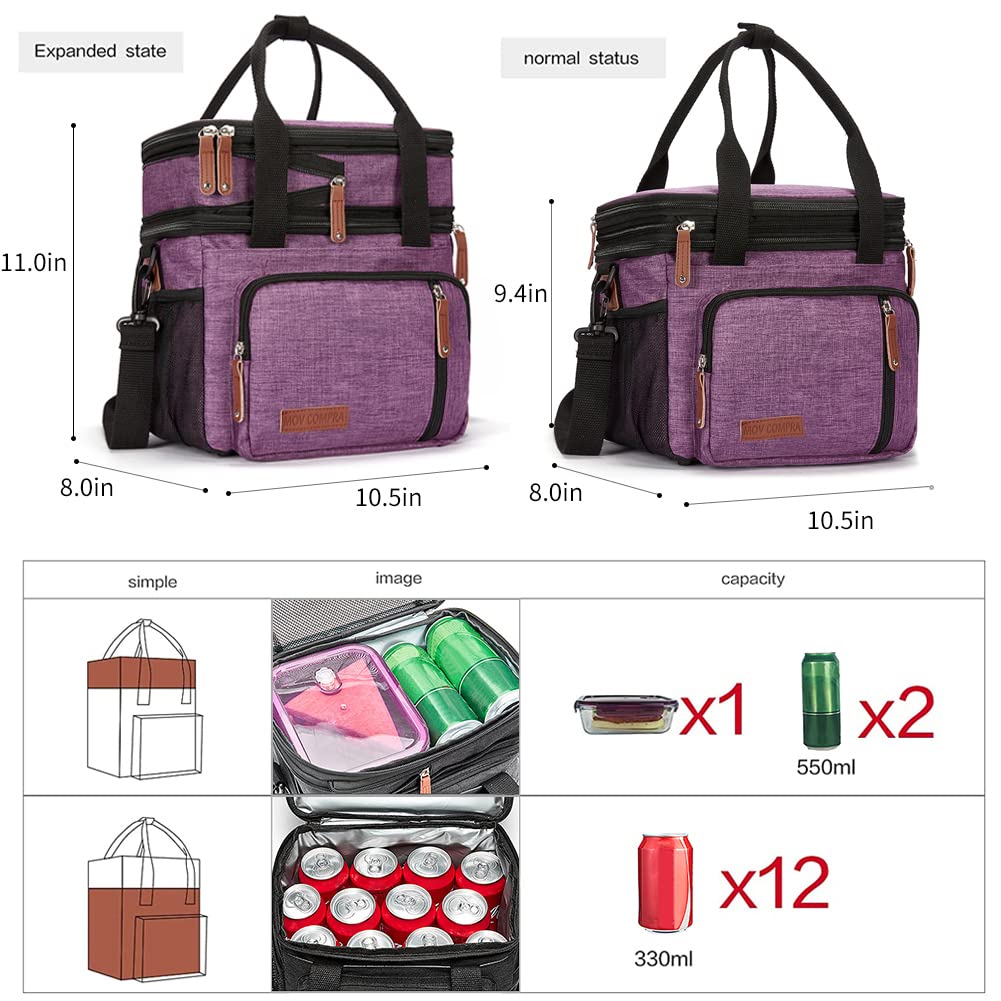 MOV COMPRA Purple Insulated Lunch Bag for Women - Expandable Leakproof Lunch Box for Work, Office & School - Large Cooler Bag for Meals & Snacks (Purple)