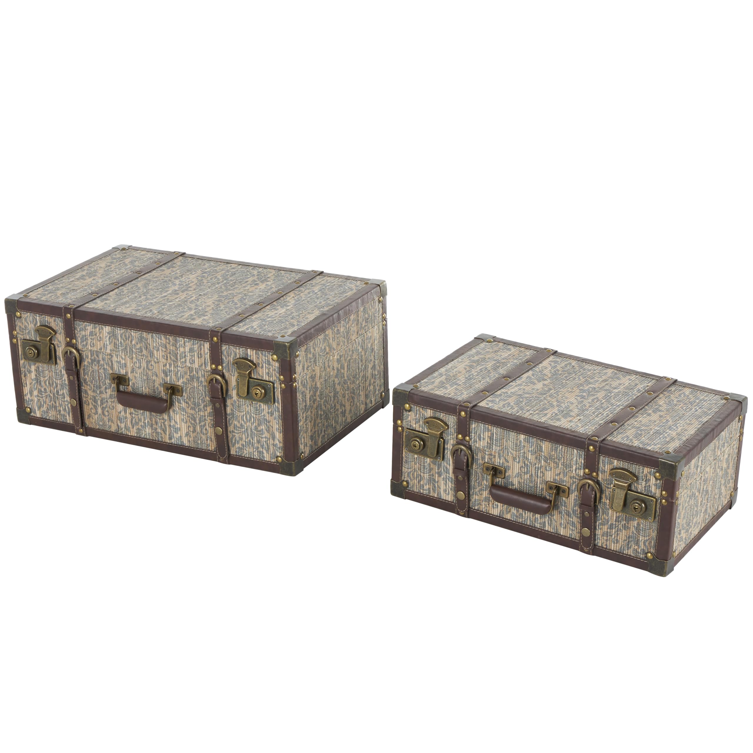 Vintage Wooden Floral Decorative Storage Trunk Set of 2 - Brown Leather Accents & Gold Studs, 24