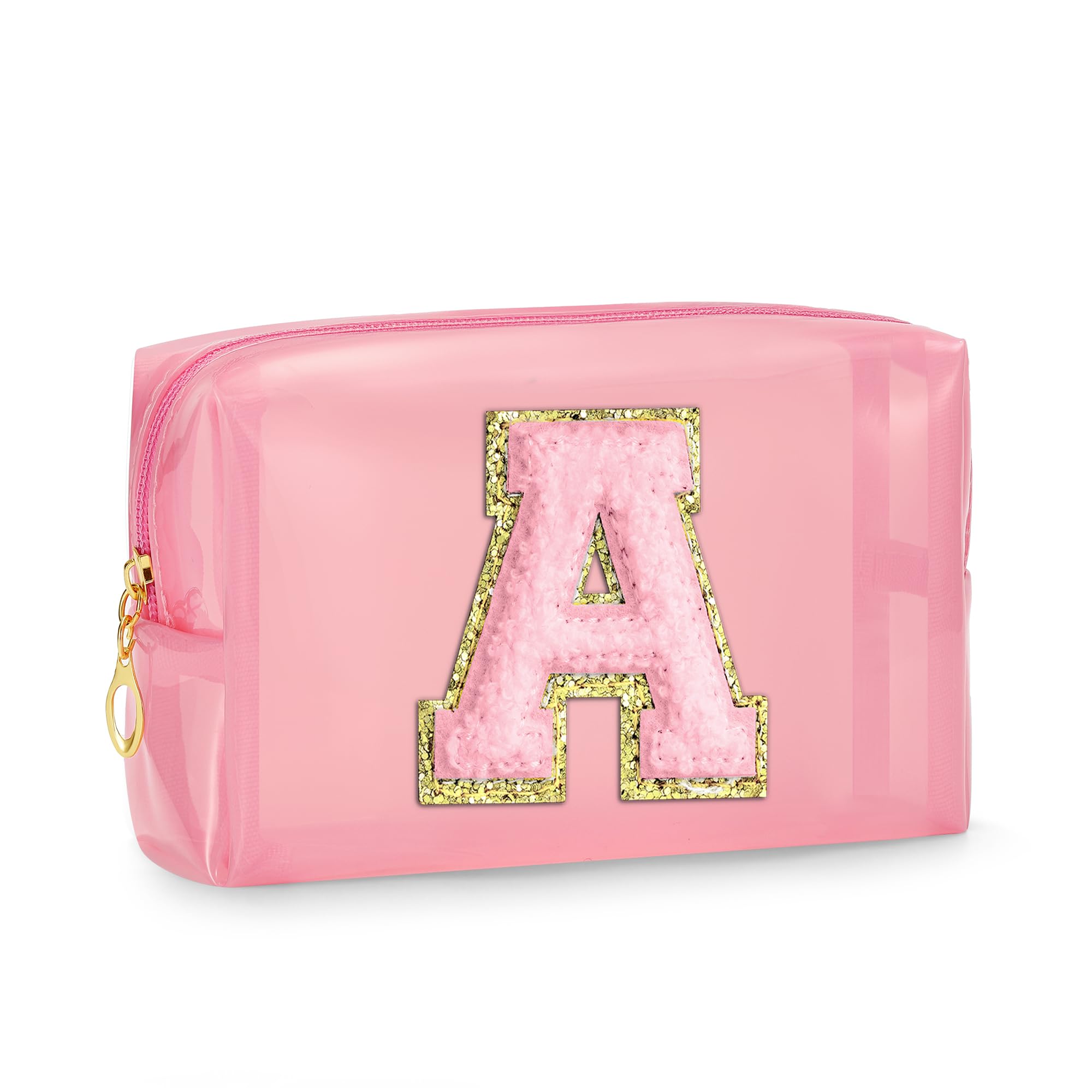 Clear Makeup Bag for Women - Small Personalized Initial Cosmetic Travel Pouch, Waterproof Toiletry Bag with Pink Design | Perfect for Travel, Gym, Beach & Daily Organizer | Great Gift Idea for Her (Pink A)