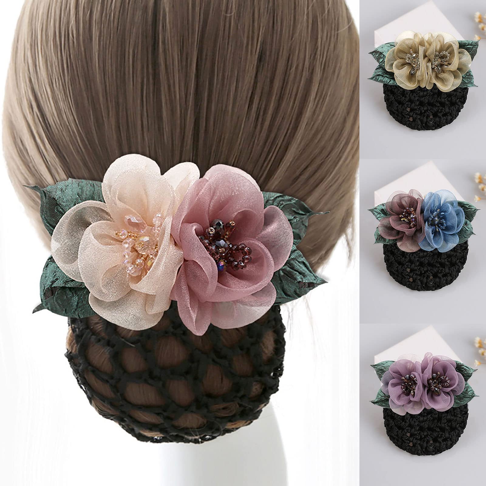 Elegant Crystal Crochet Bun Net Snood with Ribbon Flower Hairpins - Lace Bow Hair Clips & Elastic Mesh Hair Net for Women & Girls (Pink) | Perfect for Office, Weddings, Parties & Everyday Hairstyling