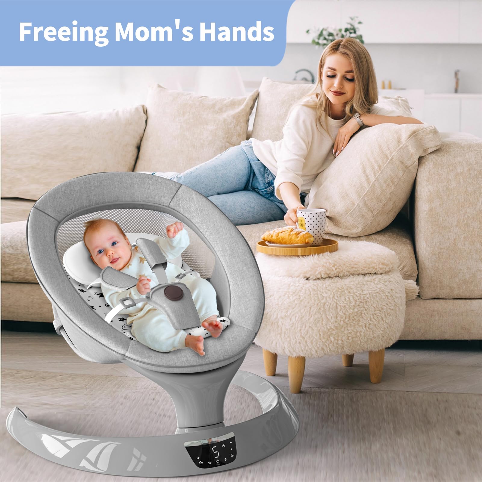 Electric Baby Swing for Infants - Portable Rocker with Bluetooth, 5 Speed Settings, 12 Lullabies & 5 Nature Sounds - Perfect for Newborns & Toddlers (0-12 Months) - Ideal for Nursery, Living Room & Travel Use