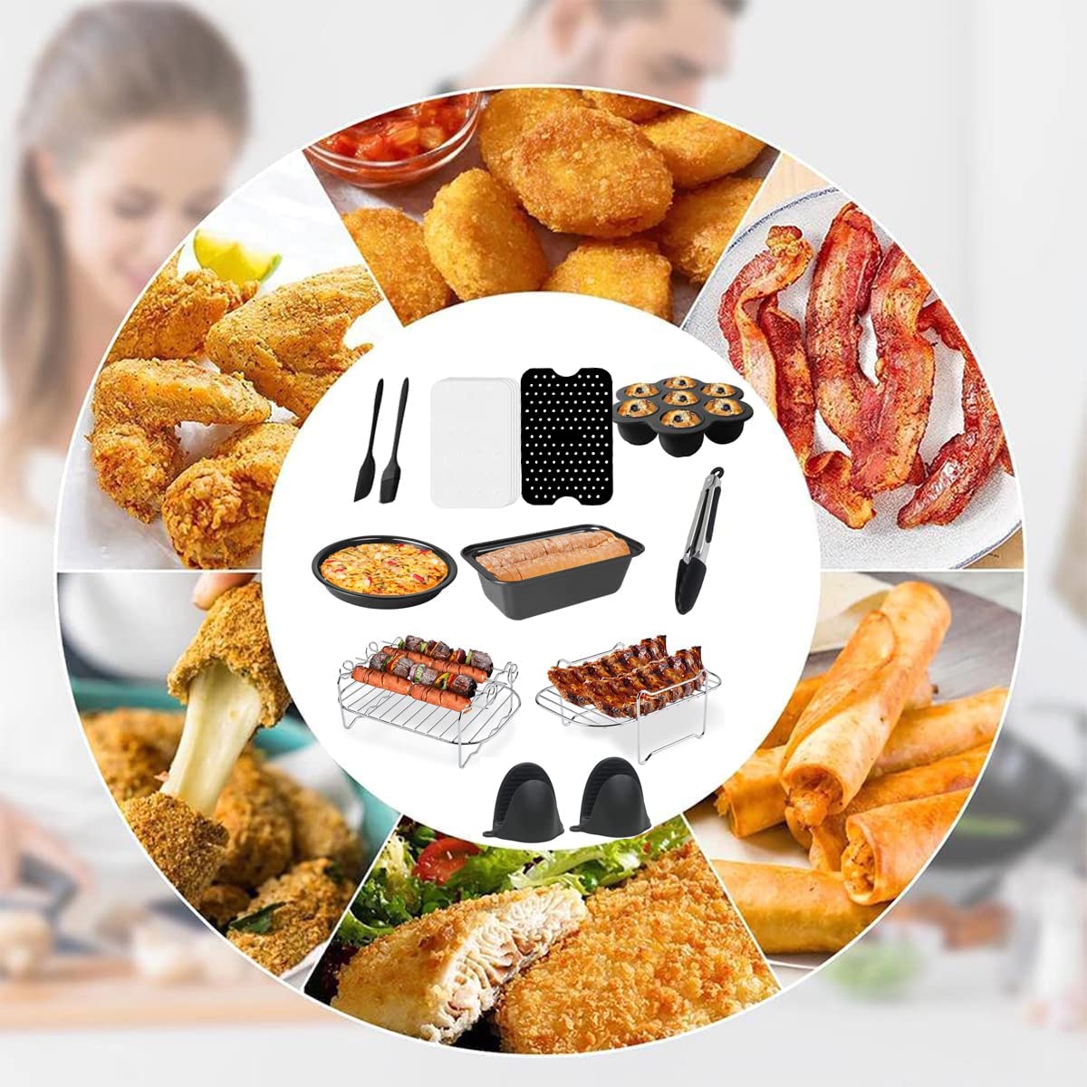 11-Piece Square Air Fryer Accessories Set with Recipe Book - Compatible with Most Air Fryers & Ovens - Perfect for Healthy Cooking, Baking & Frying