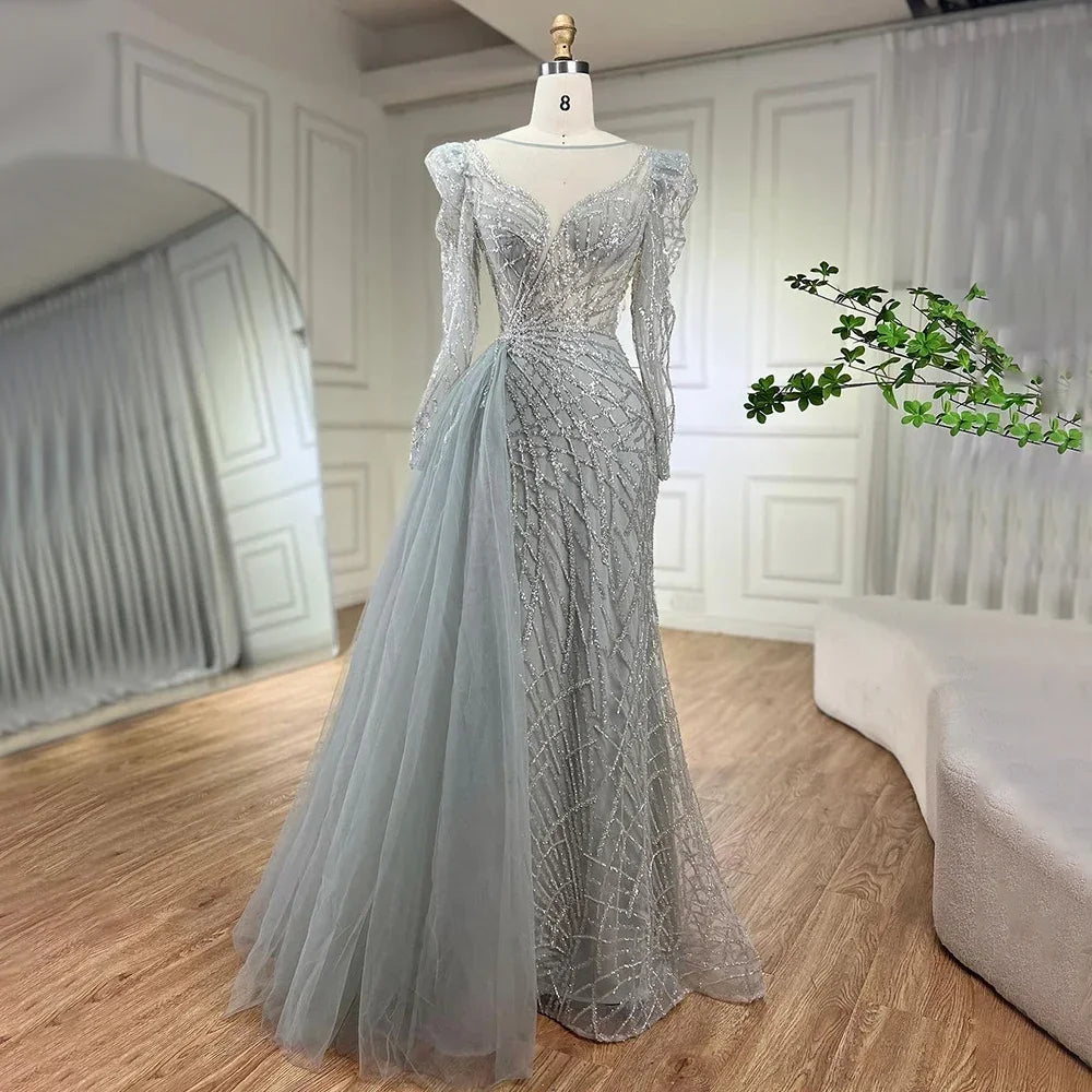 Luxury Muslim Gold Mermaid Evening Dress with Beaded Details & Overskirt - Dubai Style Formal Gown for Women 2025 (LA72206) | Perfect for Weddings, Galas & Special Occasions