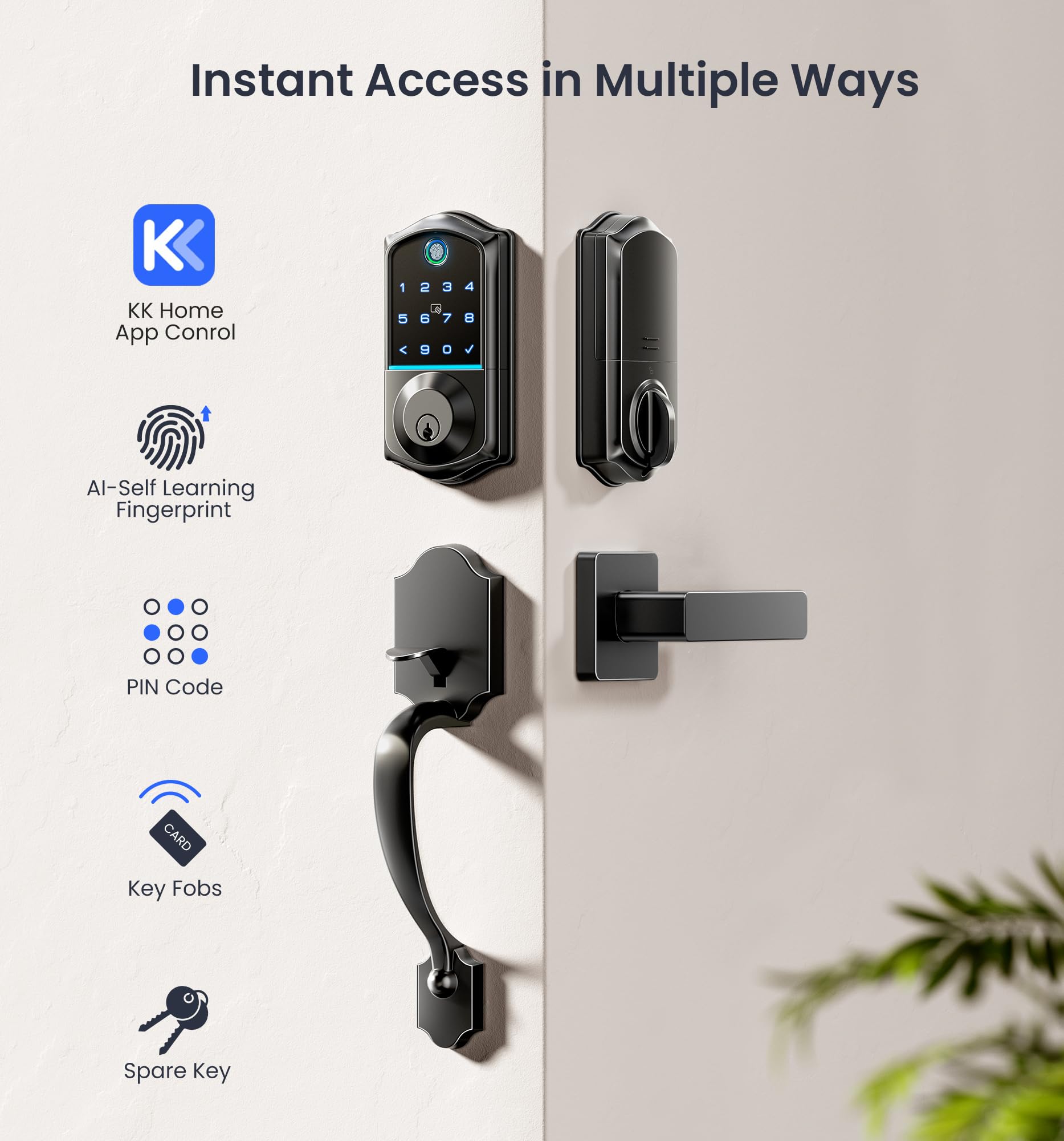 Veise Smart Front Door Lock with Fingerprint, Keyless Entry & App Control - Auto Locking, Digital Touchscreen Keypad, Emergency Power Port - Easy Install Matte Black for Home Security & Smart Access