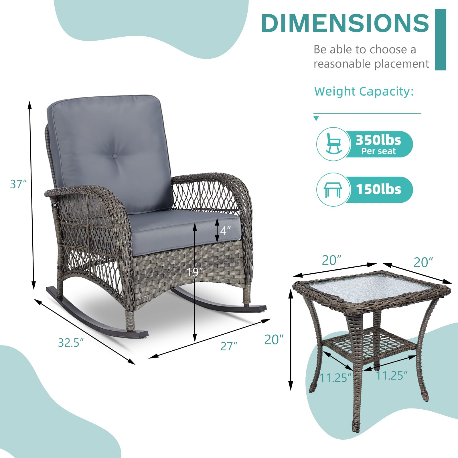 MEETWARM 3-Piece Outdoor Wicker Rocking Chair Set with Cushions & Glass-Top Coffee Table - Gray Rattan Patio Conversation Set for Porch, Backyard, Garden & Poolside Relaxation