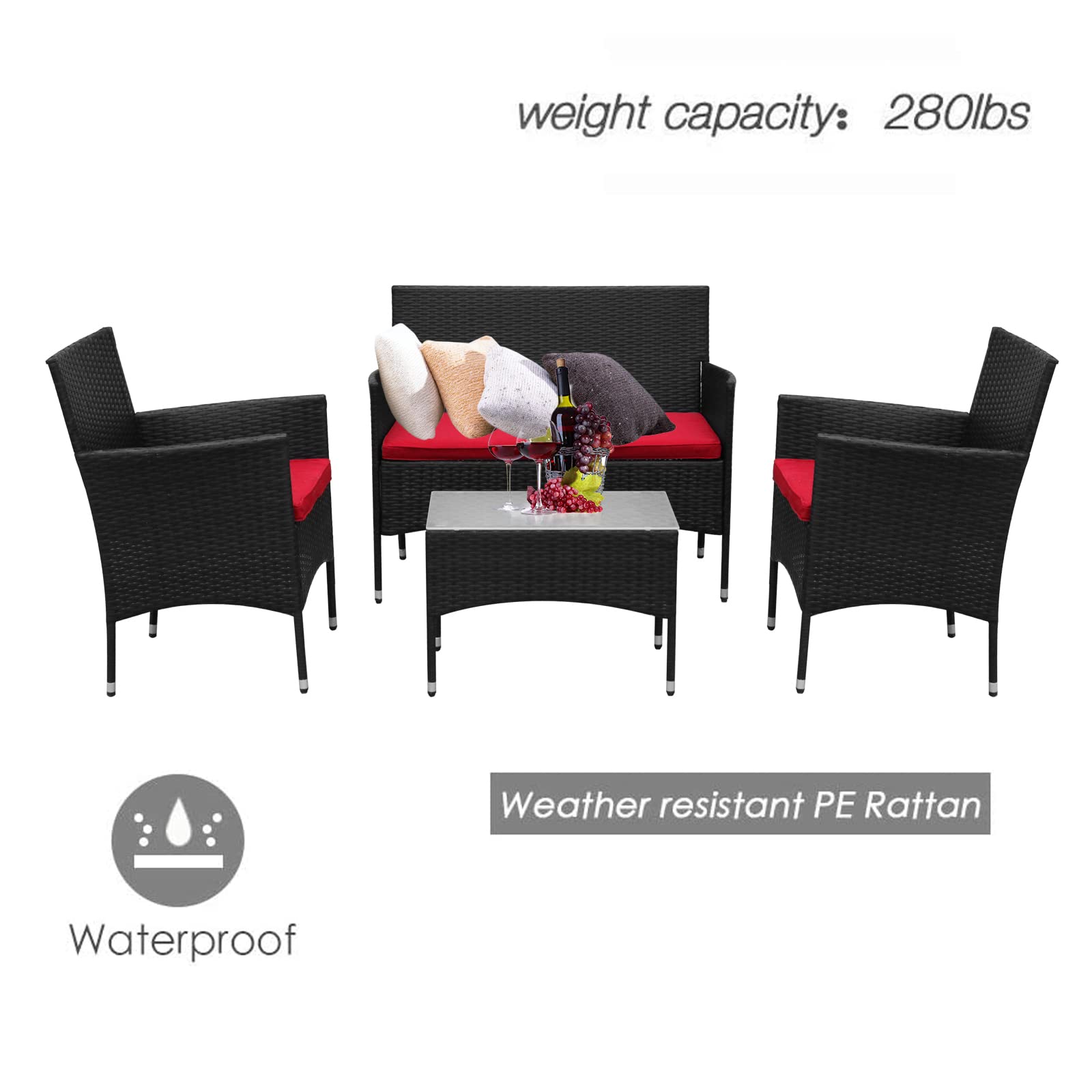 4-Piece Patio Rattan Sofa Set with Cushions - Outdoor Wicker Furniture Conversation Set with Glass Coffee Table for Backyard, Poolside, Garden & Porch Relaxation