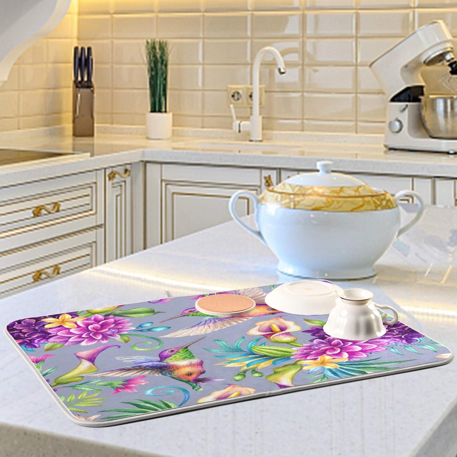 Hummingbird Print Polyester Dish Drying Mat - 24x18 Inch Absorbent Kitchen Counter Mat with Hanging Loop | Perfect for Drying Dishes, Protecting Countertops & Adding Decorative Touch to Your Kitchen