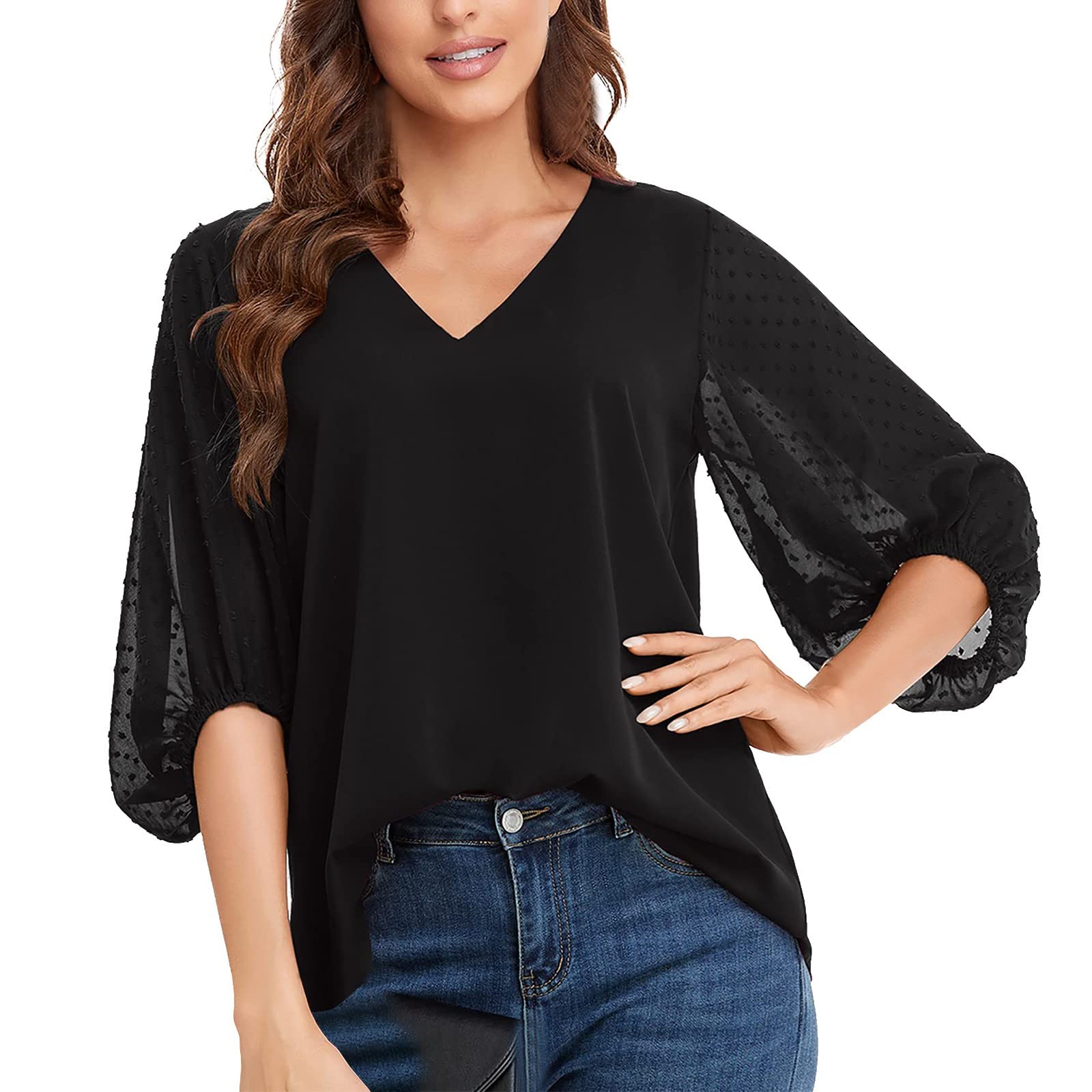 Women's Casual V-Neck Ruffle Chiffon Blouse - Loose Fit Solid Color Work & Weekend Tops for Office, Date Night and Summer Outings