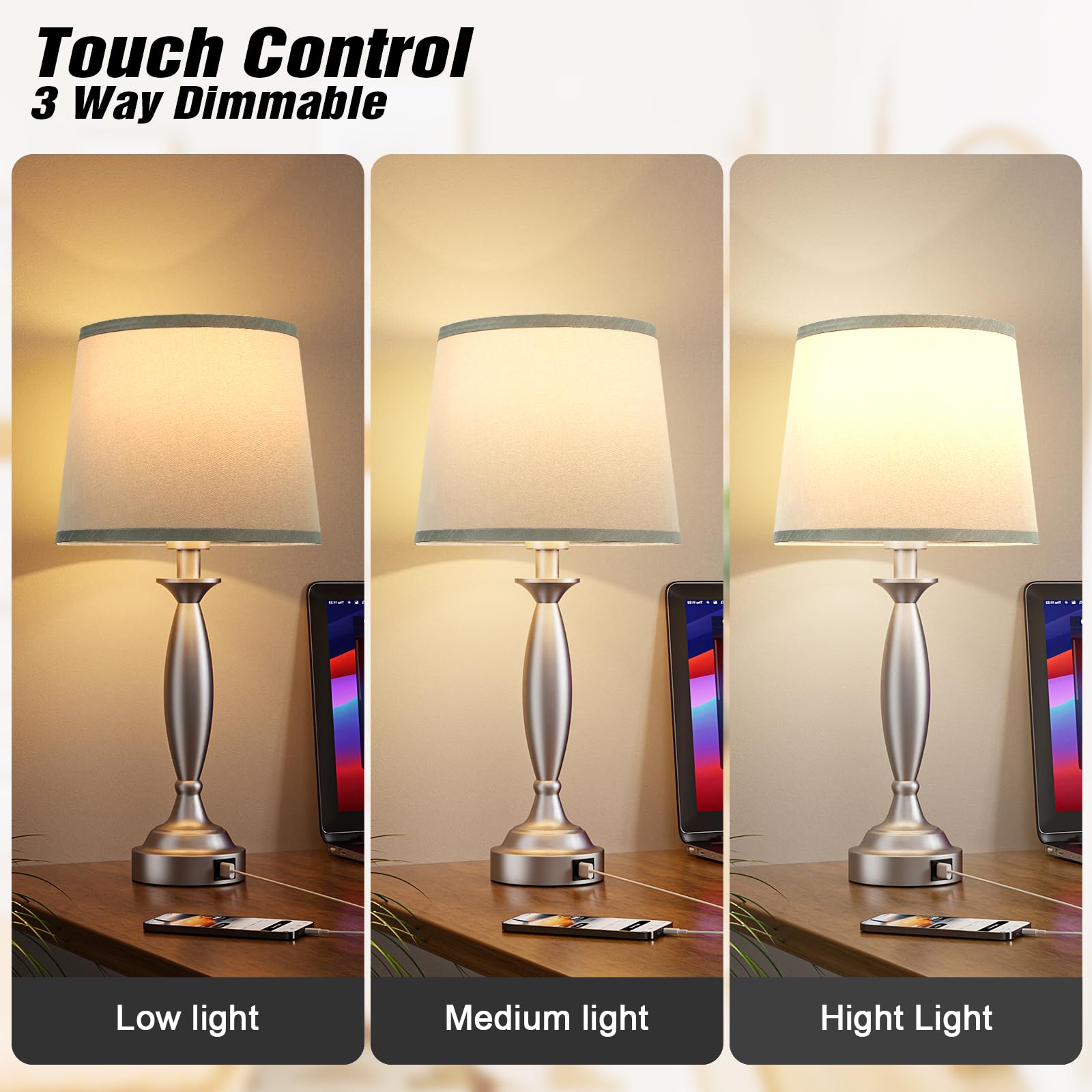 Touch Lamps for Bedroom Set of 2 - USB C+A Charging Bedside Lamps, 3-Way Dimmable Nightstand Lamps with LED Bulbs for Living Room & Bedroom - Perfect for Reading, Relaxing & Charging Devices